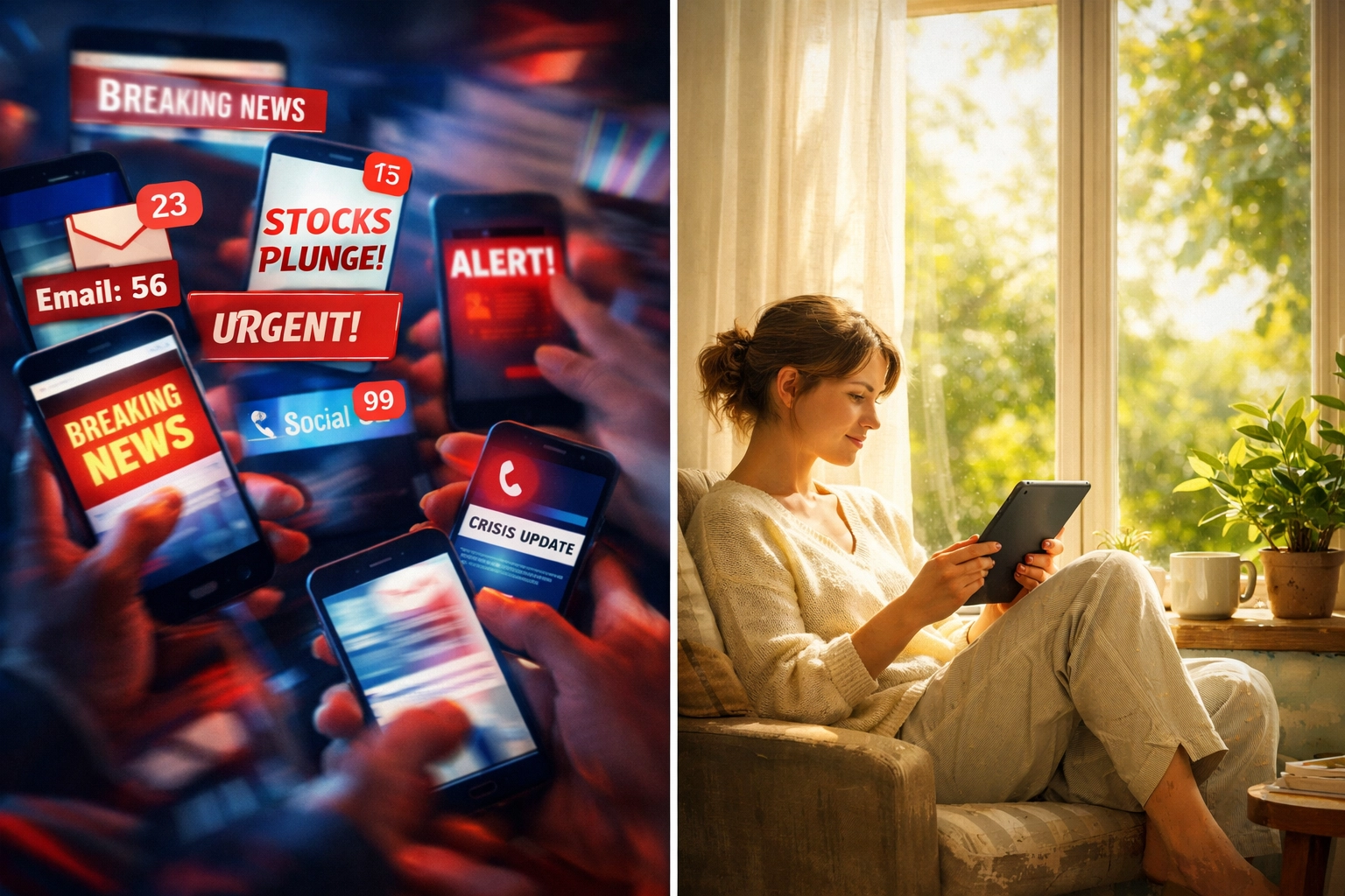Chaotic morning news alerts contrasted with calm midday news reading by window