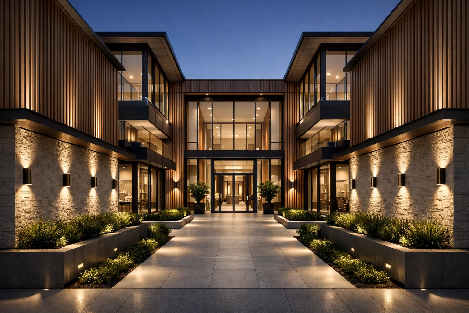 Strategic lighting design for a commercial precinct highlighting the aesthetic impact of professional wall lighting.