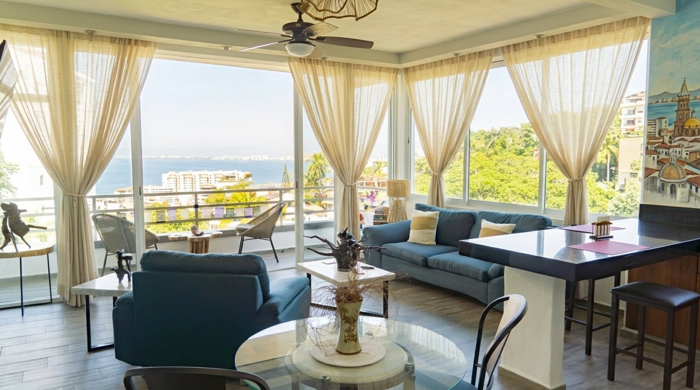 Modern and colorful interior of a condo living room in Puerto Vallarta.