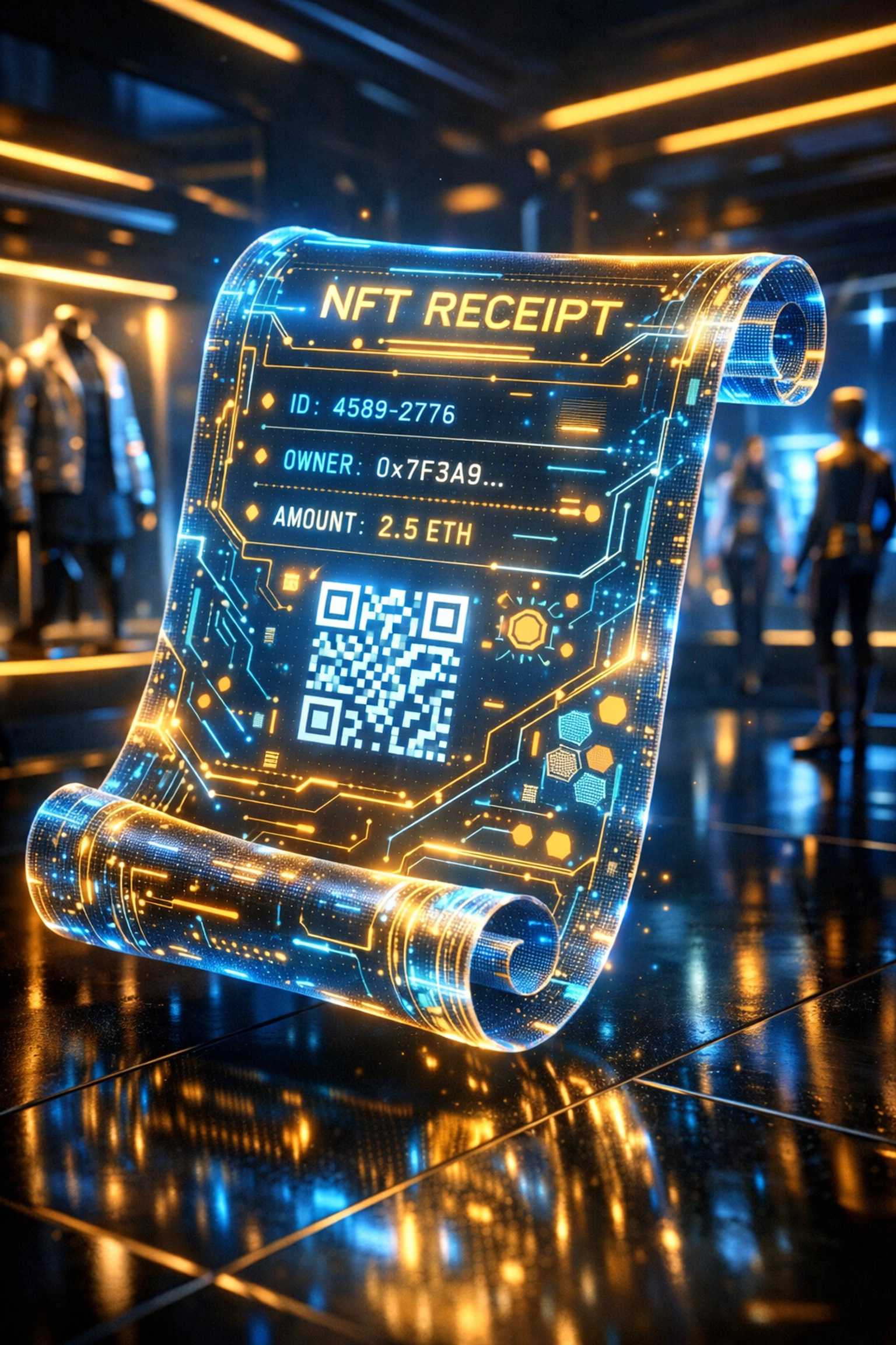 Secure holographic NFT receipt for verified purchases in the Larecoin AI-powered metaverse shopping experience.