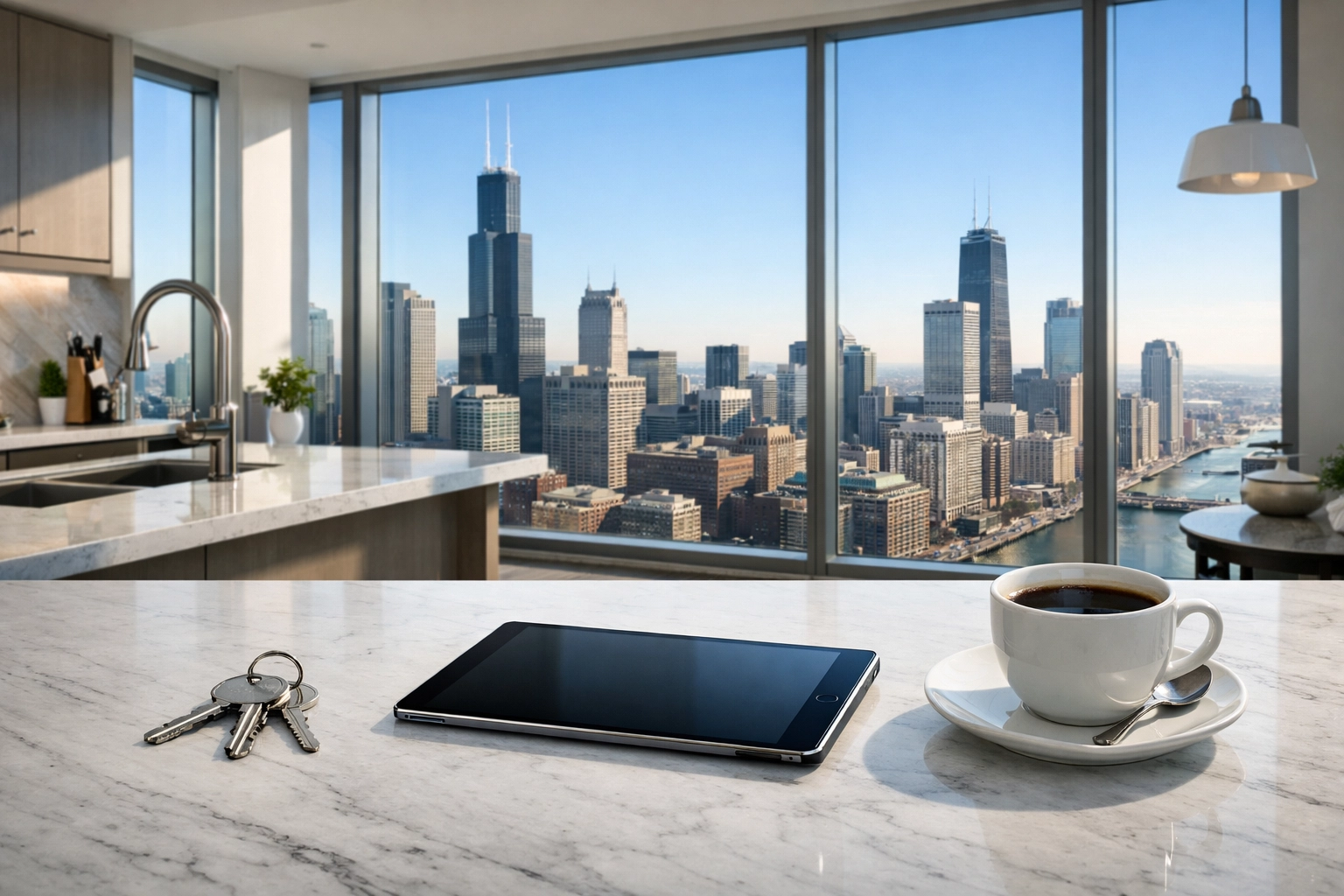 Modern Chicago high-rise apartment kitchen with keys, ready for a new tenant move-in.