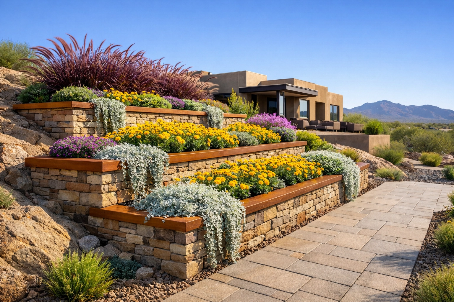 Bespoke tiered masonry and timber planter boxes transforming a Tucson backyard into a lush desert landscape.