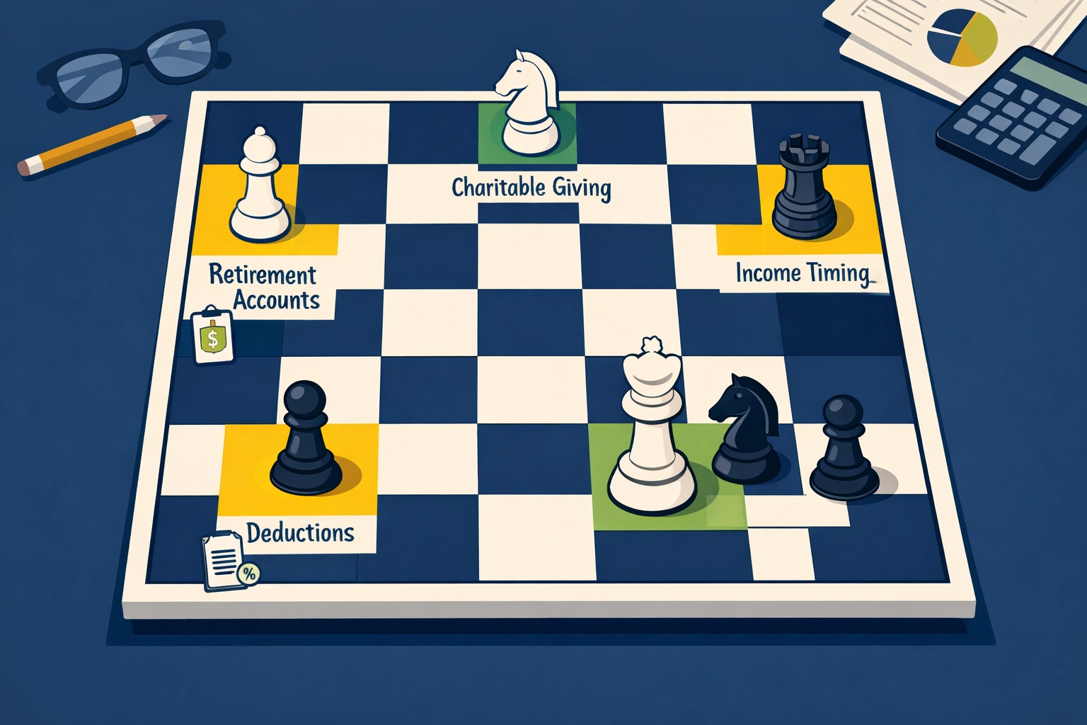 Strategic tax planning moves illustrated as chess pieces for maximizing refunds