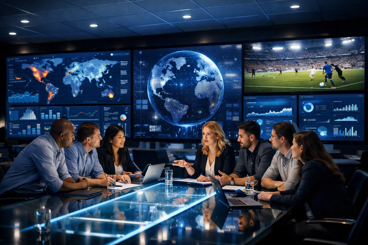 Global sports marketing agency team analyzing data and media feeds to build strategic advertising campaigns.