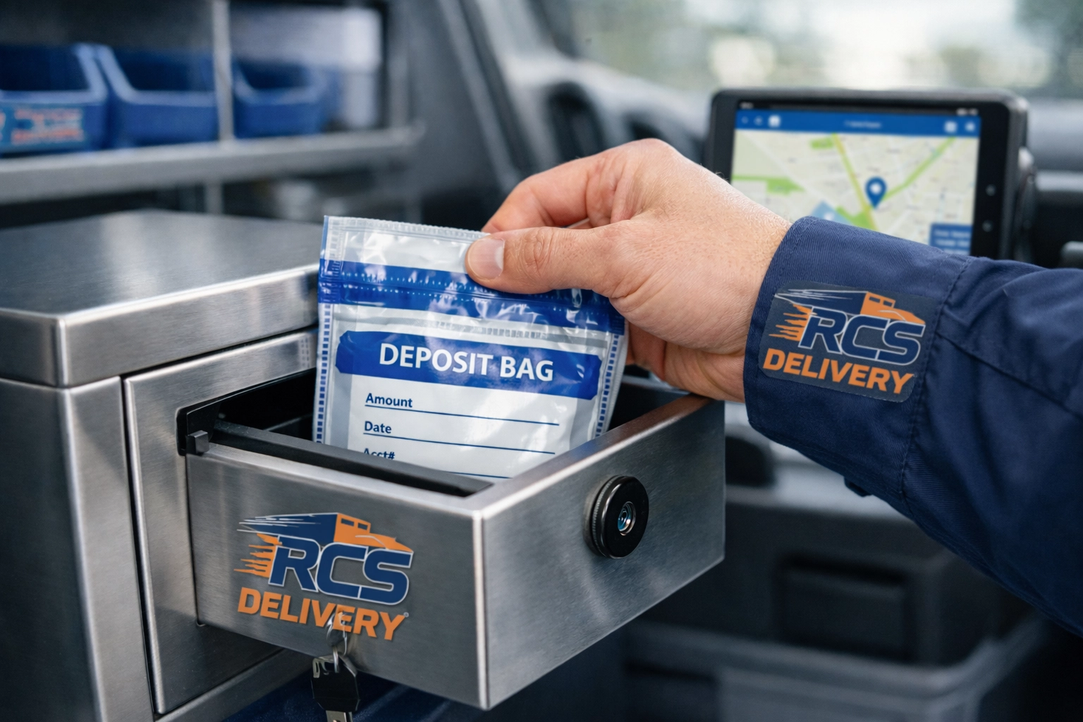 Bank courier placing sealed deposit bag into secure lockbox with GPS tracking system