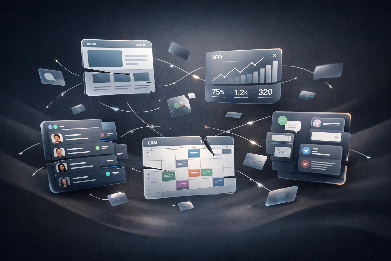 Disconnected digital systems representing fragmented law firm technology and marketing tools