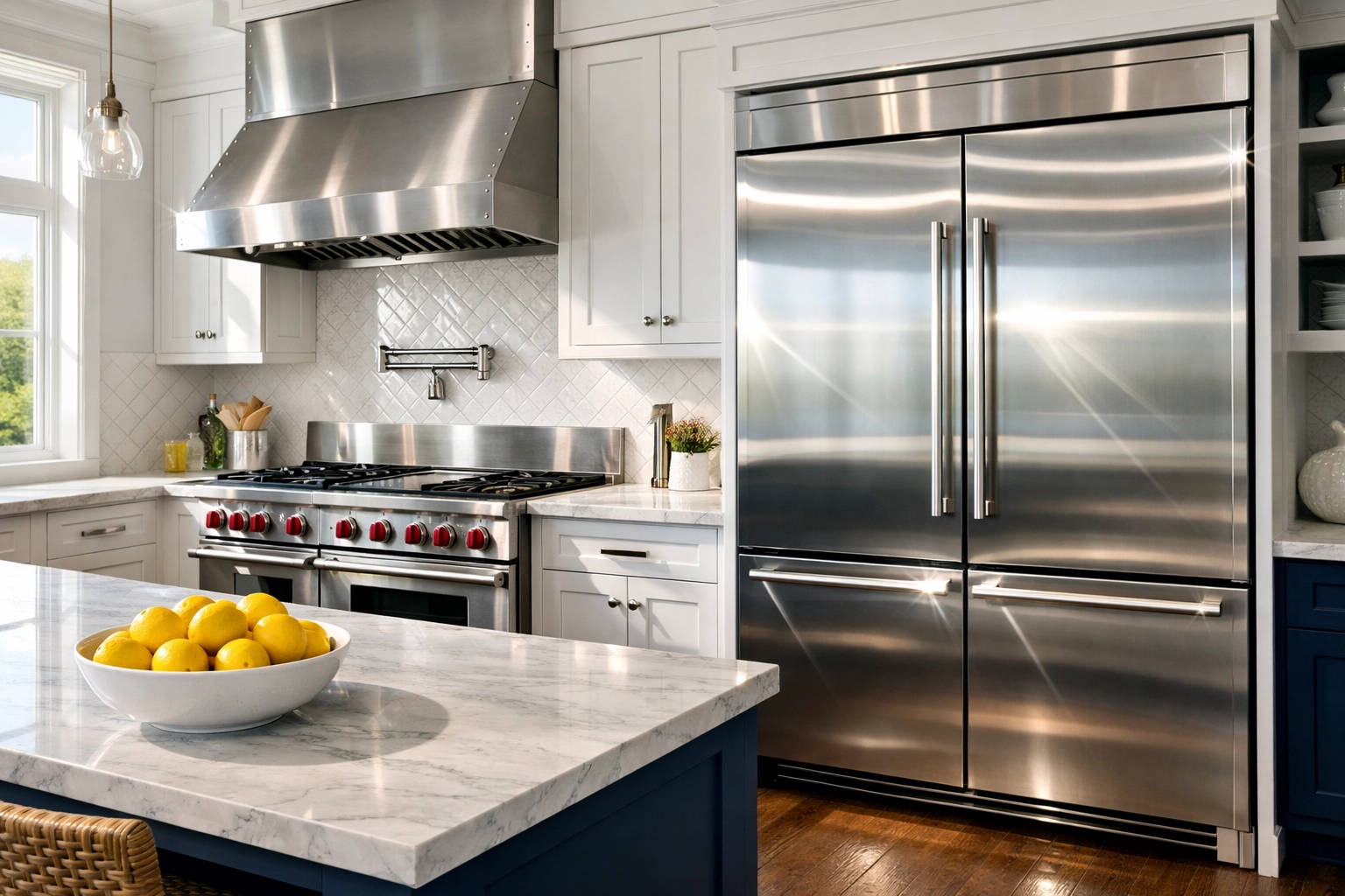 A modern kitchen with perfectly polished stainless steel appliances showing a brilliant, streak-free shine.