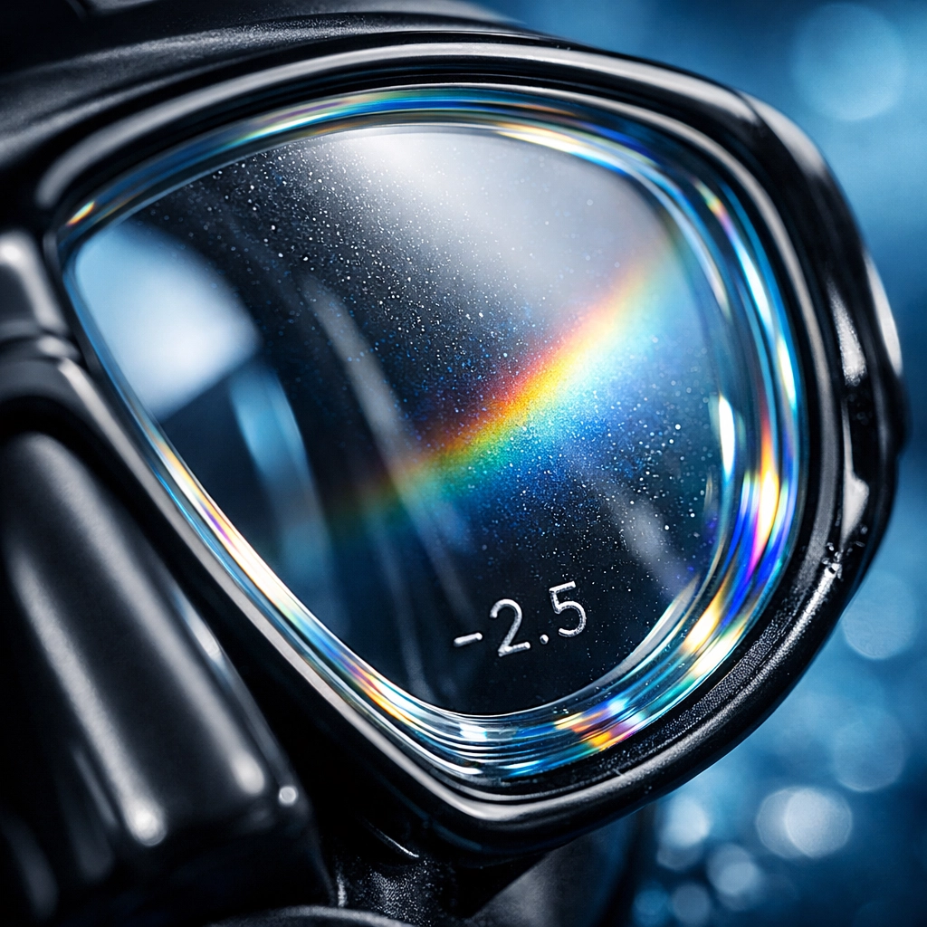 Nahaufnahme eines Korrekturglas mit Anti-Fog-Beschichtung und UV-Schutz für Tauchmasken