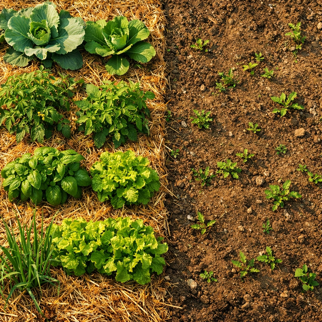 Mulched garden bed with healthy plants compared to bare soil with weeds sprouting