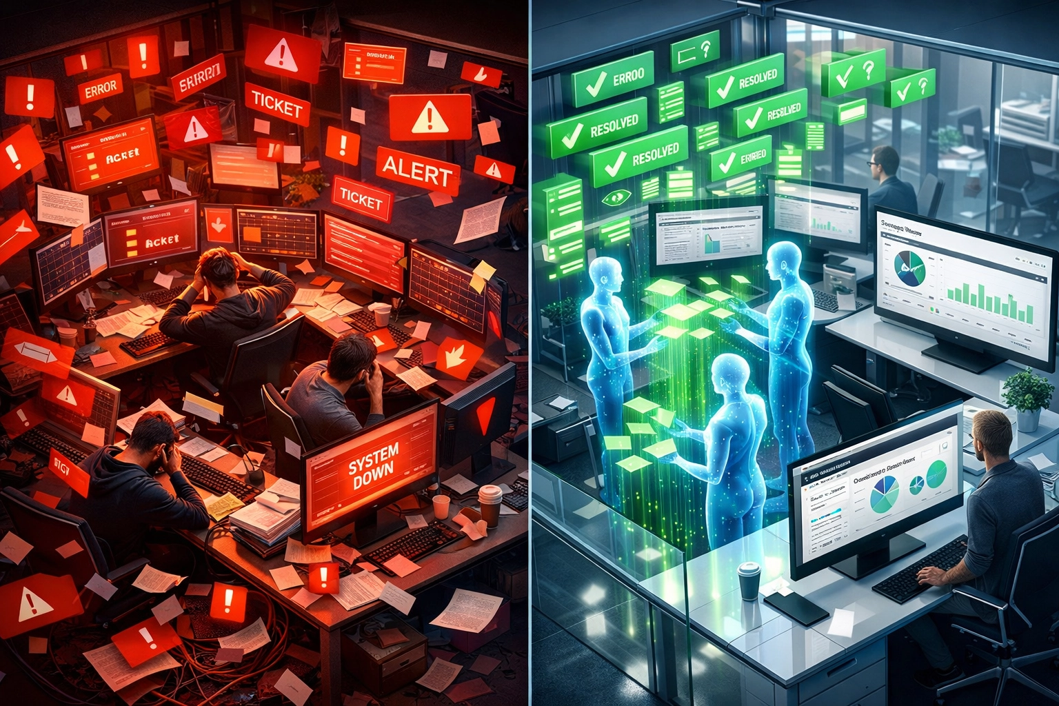 Traditional IT operations chaos versus ServiceNow ITOM automation with AI agents resolving incidents