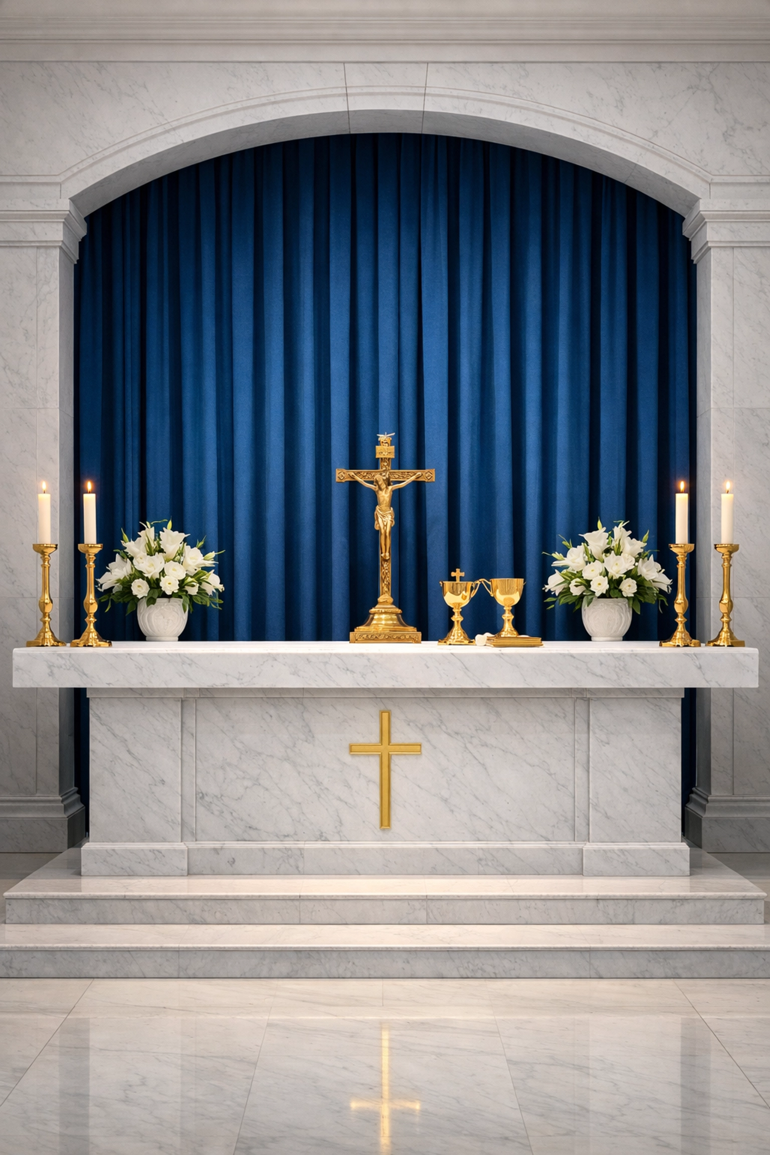 Pristine white marble altar in a Weymouth house of worship, maintained by professional church cleaning services.