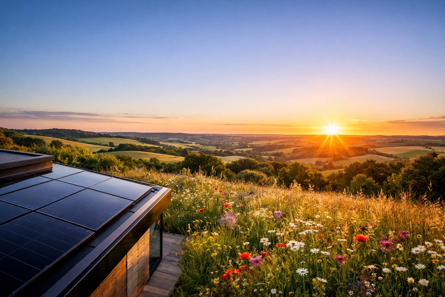 Solar panels on a Hampshire property at sunset, promoting sustainable energy and carbon reduction.