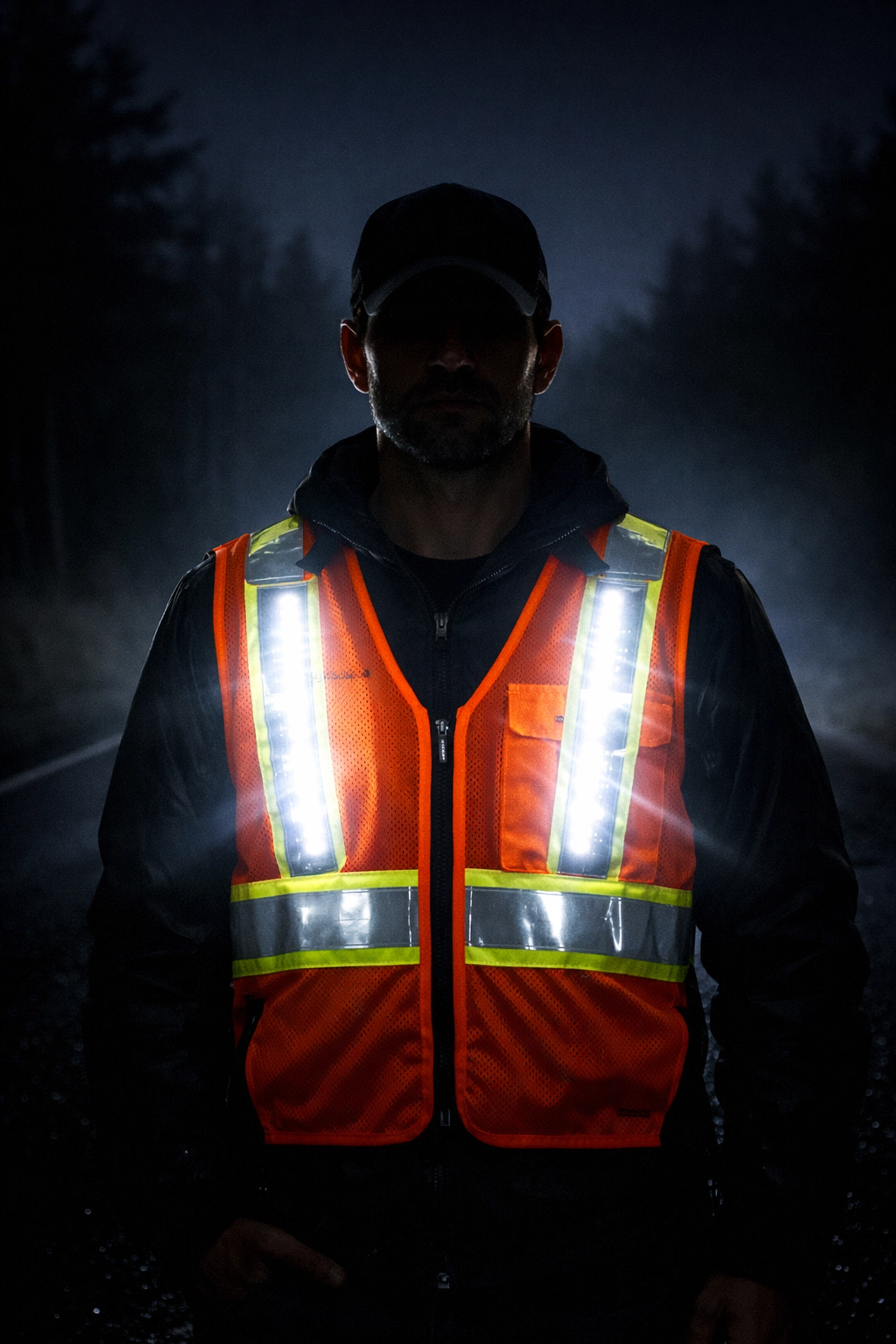 Mennonite safety vest with high-intensity white LEDs glowing through fog on a dark Michigan road for rural safety.