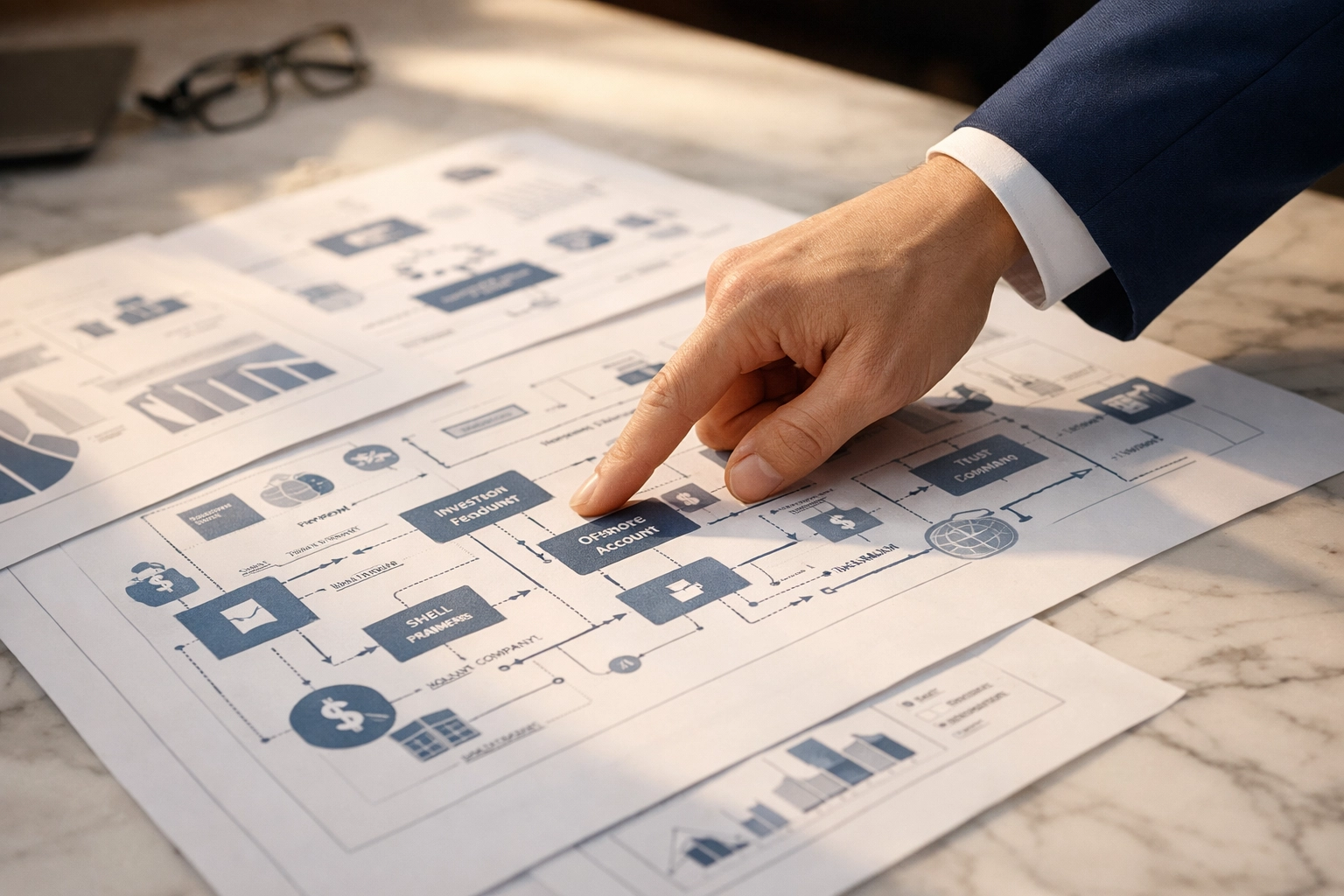 Legal professional analyzing financial flowcharts for global asset tracing and uncovering hidden funds.