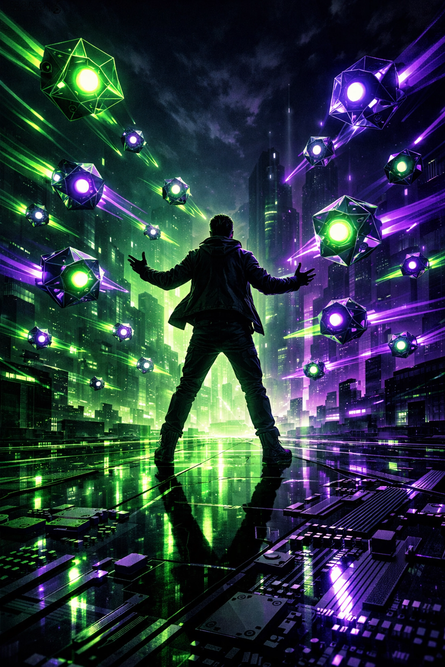 An expert managing custom AI solutions and digital agents in a futuristic, technology-driven business setting.