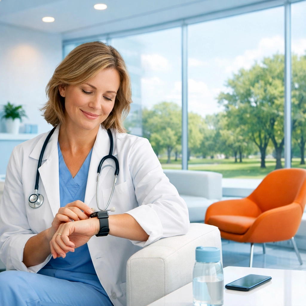 A calm doctor checking her watch, illustrating how workforce flexibility prevents burnout and improves staff retention.
