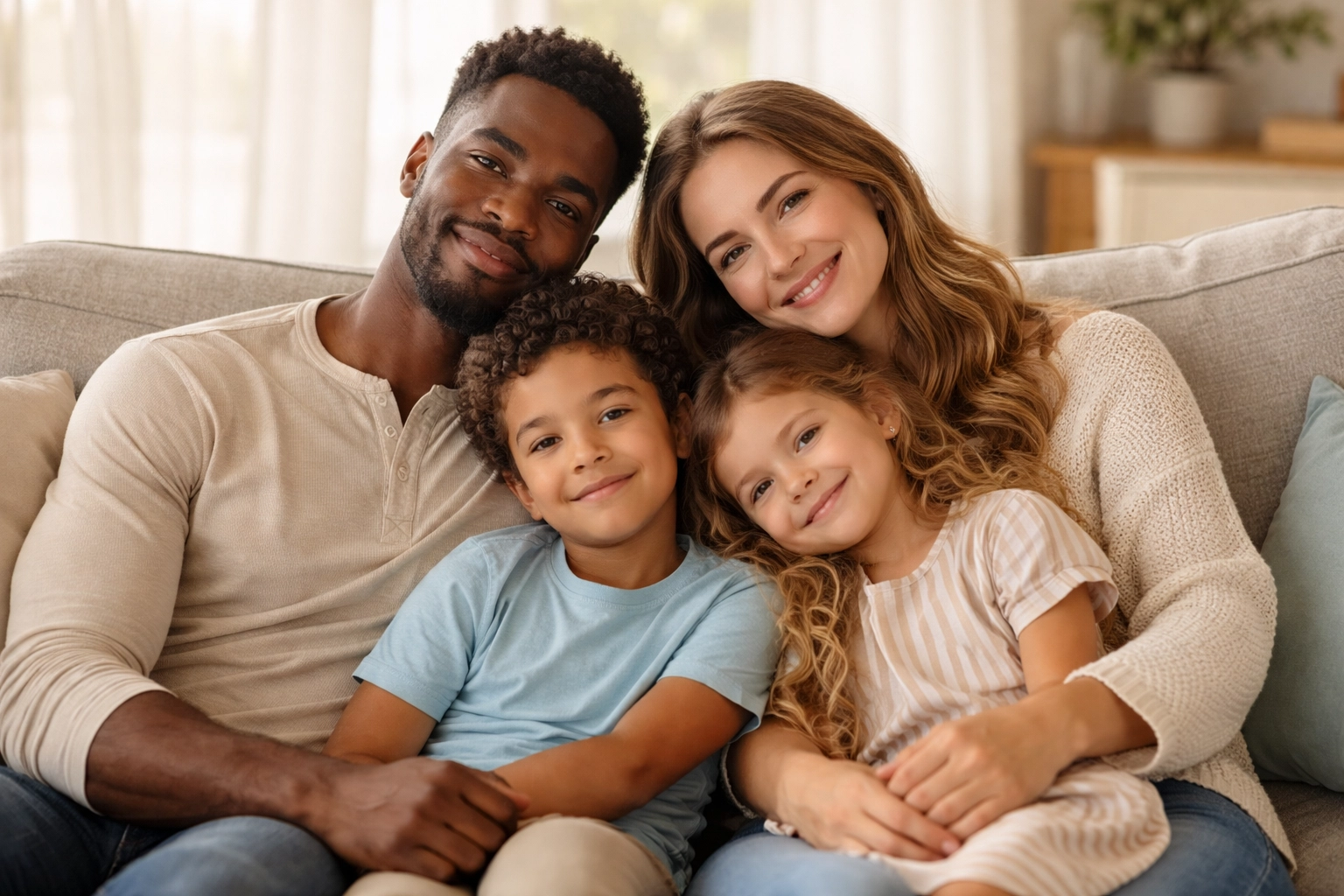 Diverse family relaxing together in a sunlit living room, symbolizing family protection with life insurance.