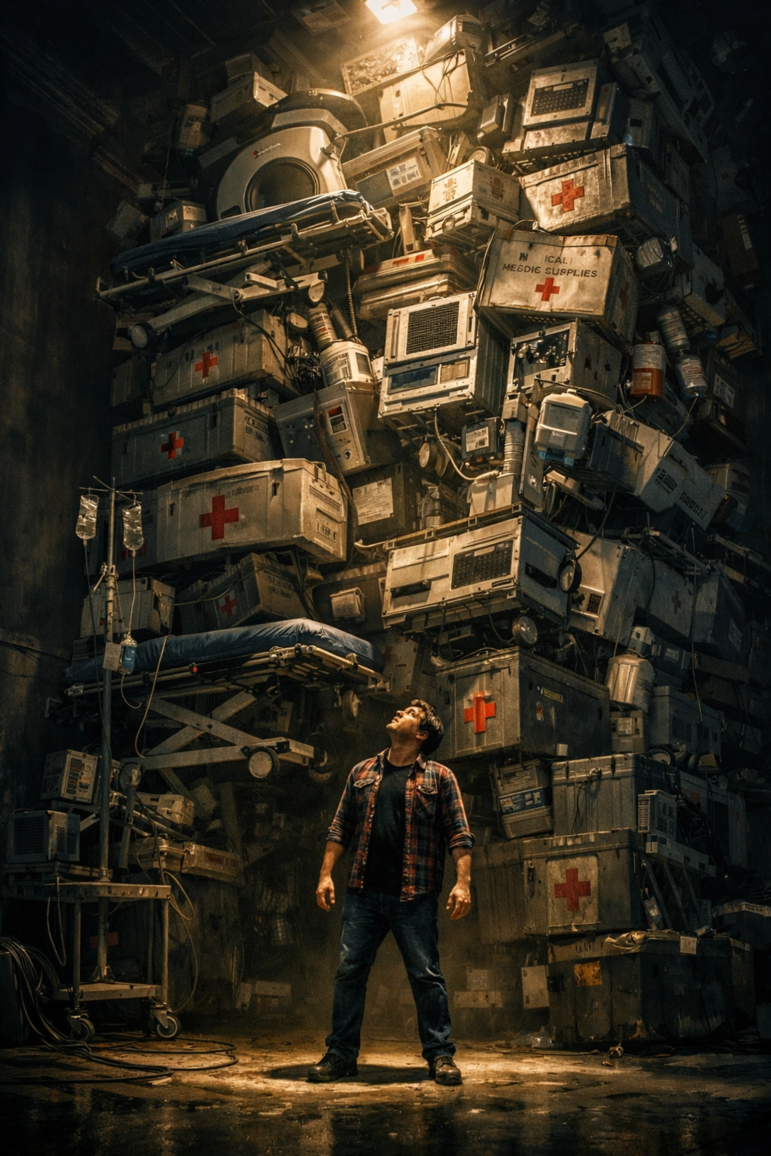 A man overwhelmed by towering crates of medical equipment symbolizing rising healthcare costs and fragile supply chains.