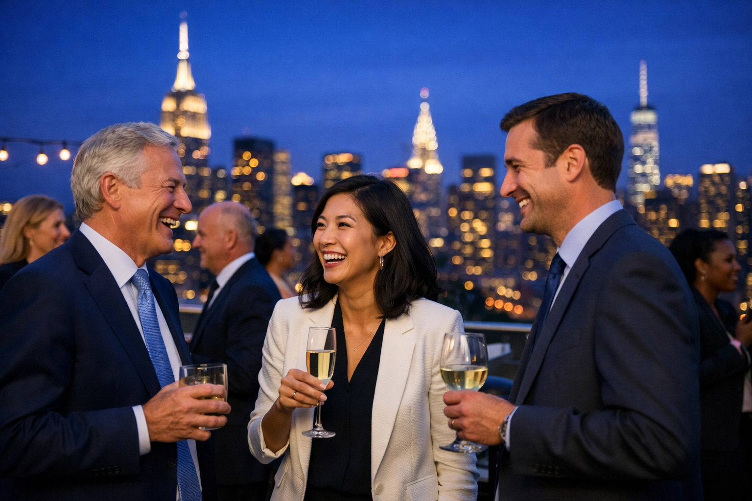 Candid corporate event photography of professional networking on a Manhattan rooftop lounge.