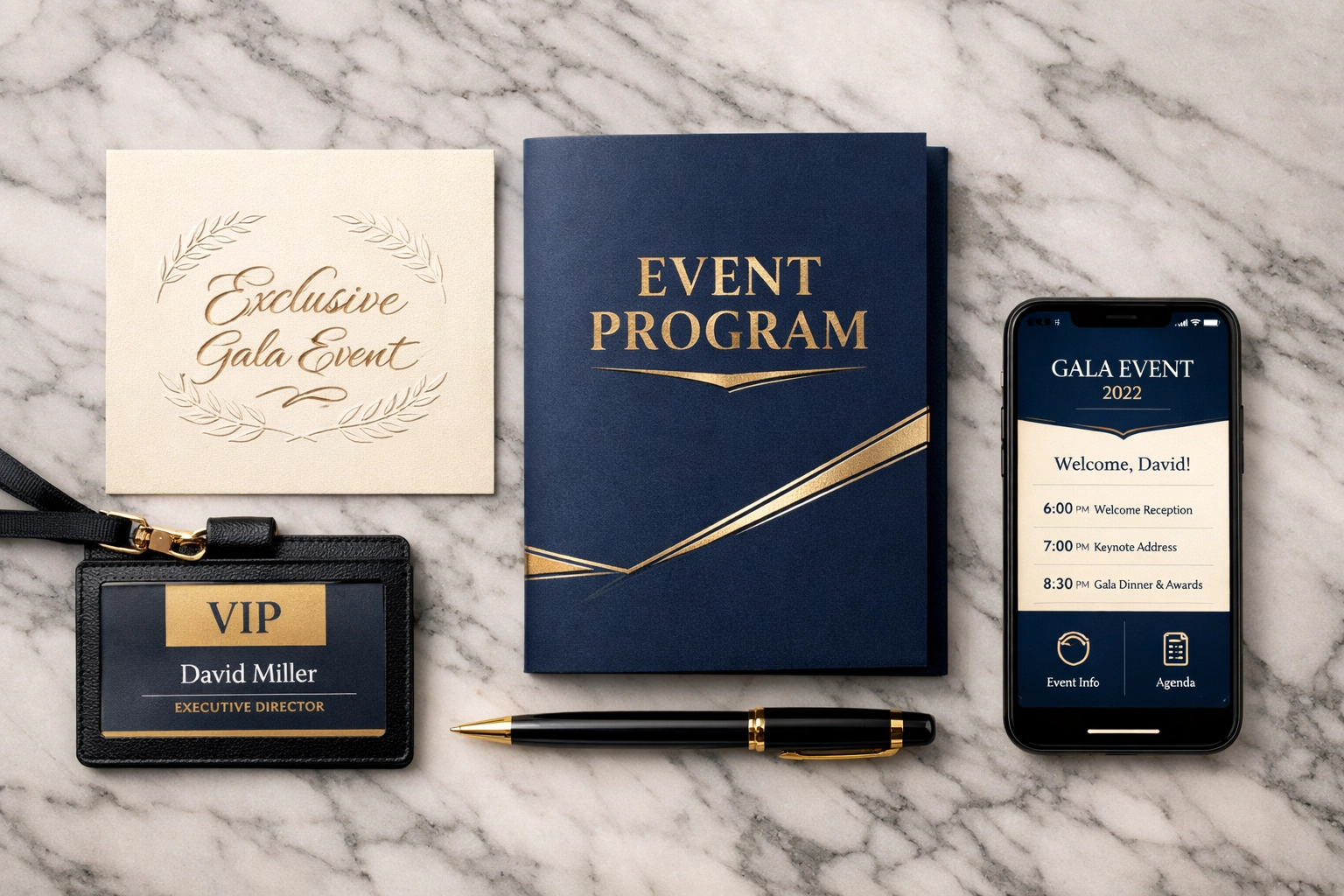 Premium corporate event materials and branded invitations for executive hospitality