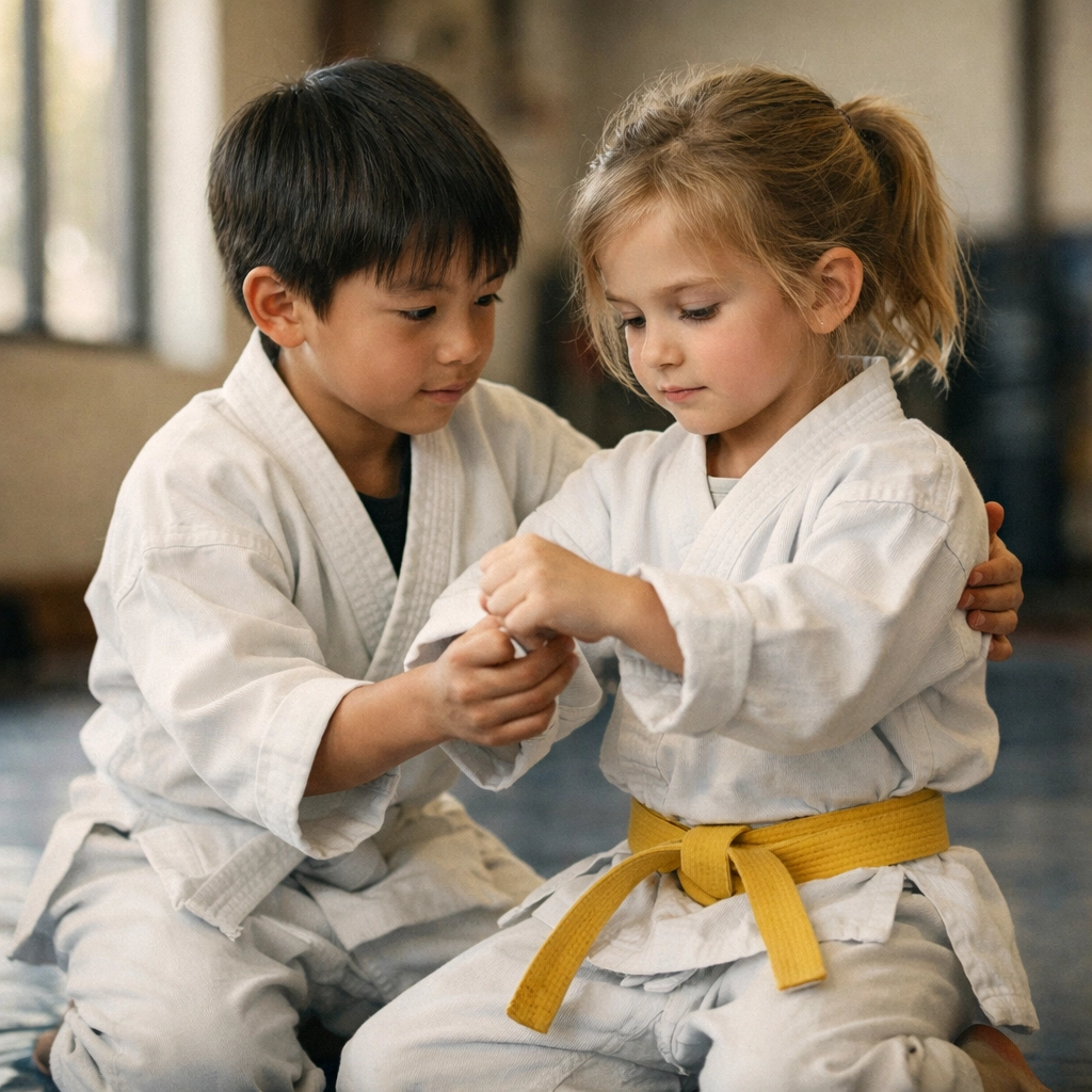 Young martial arts students demonstrating respect and teamwork in kids class