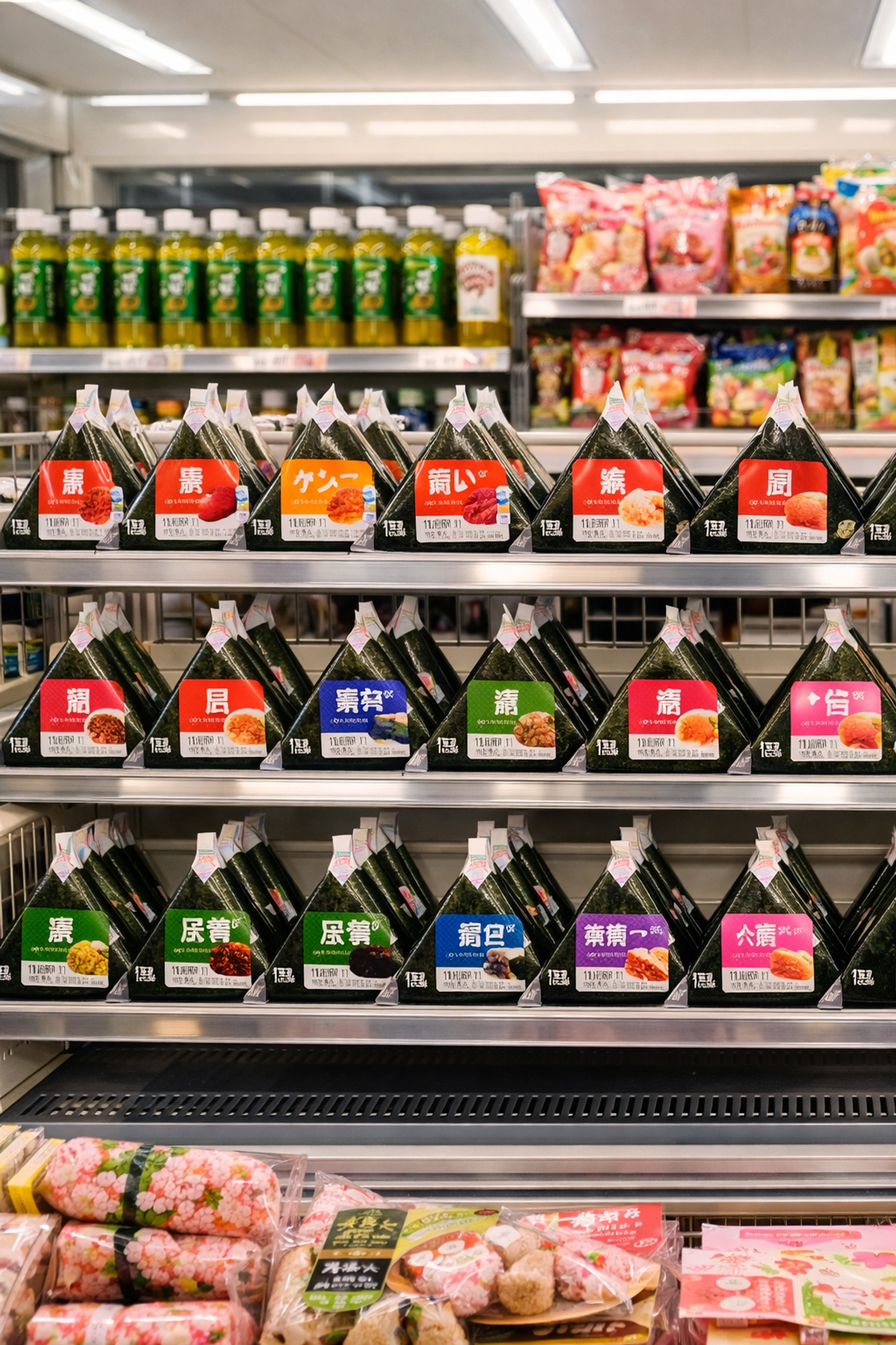 Freshly packaged onigiri and Japanese snacks at a Tokyo Konbini, a top spot for quick travel meals.