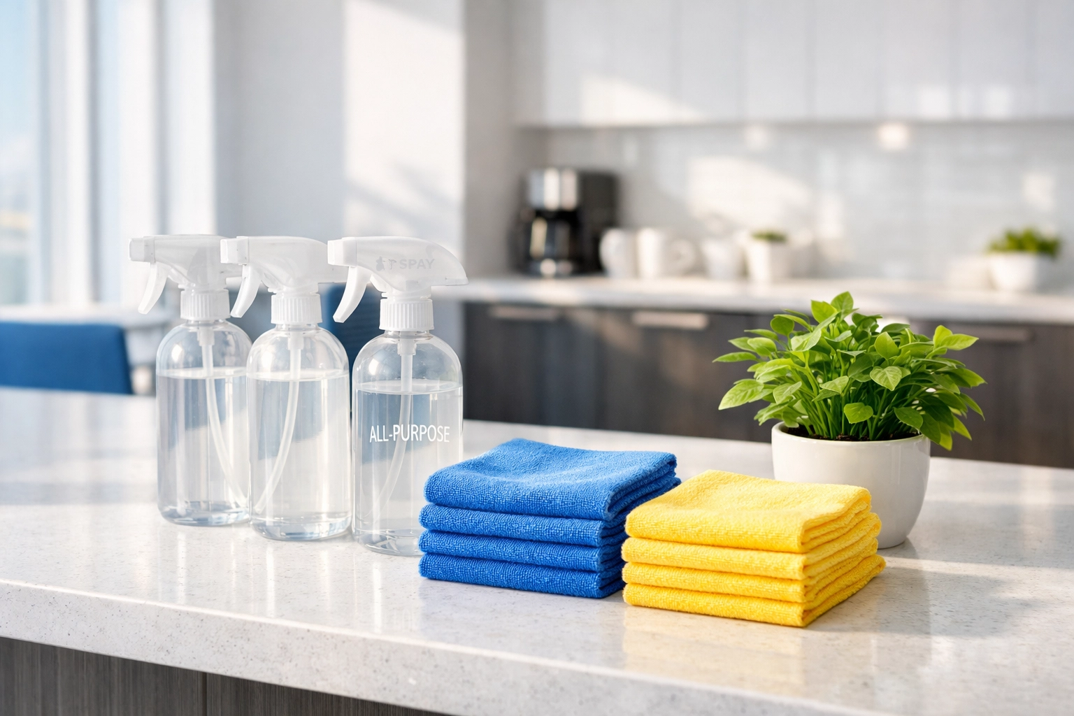 Eco-friendly Boston office cleaning supplies and microfiber cloths on a clean breakroom countertop.