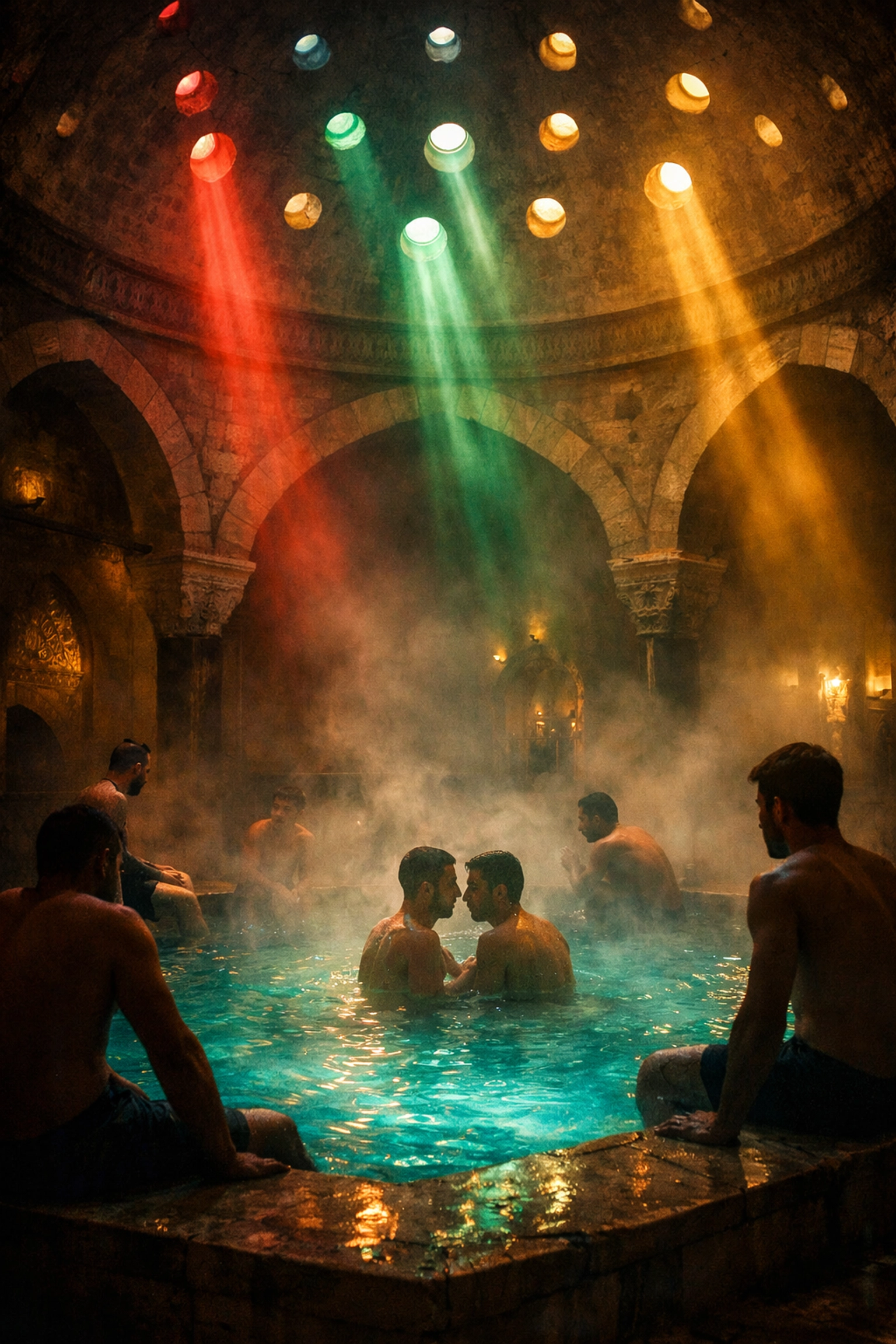 Rudas Baths Budapest gay thermal pool with Ottoman dome and colored light filtering through