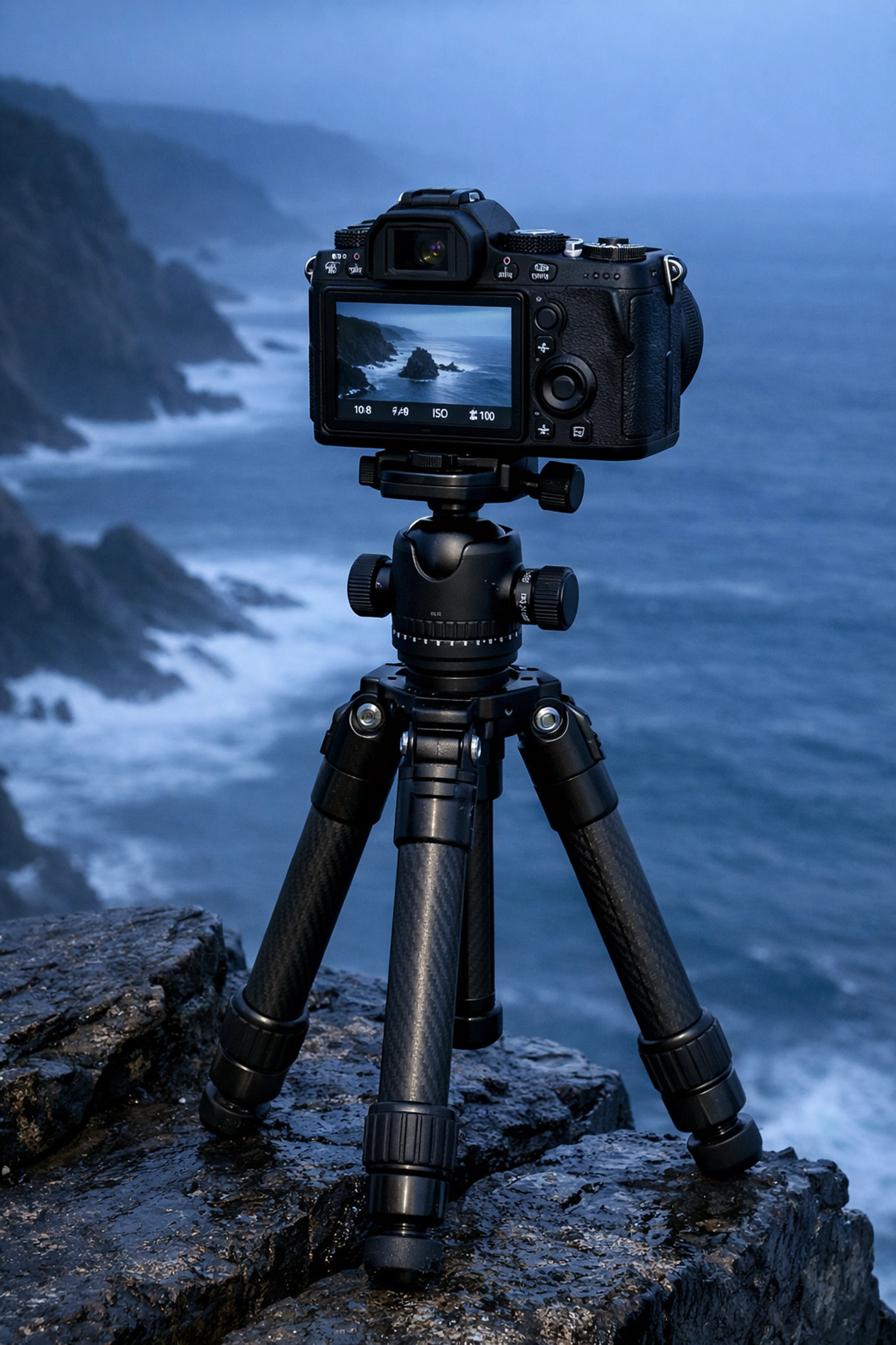 Professional camera on a tripod for long exposure landscape photography at a misty coast.