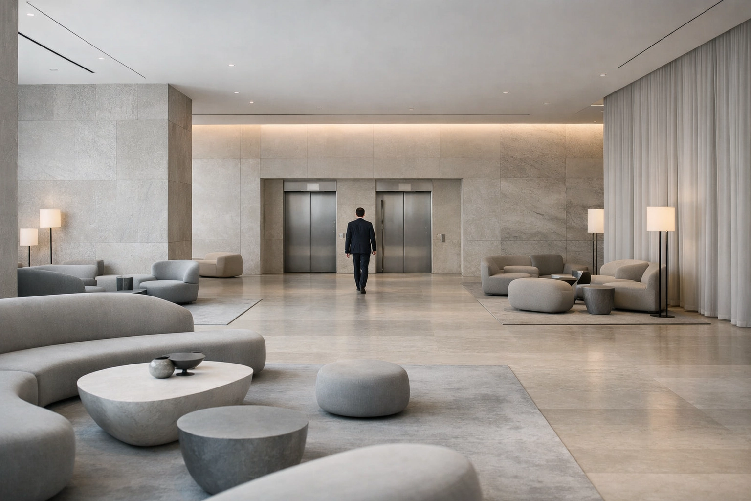 Minimalist hotel lobby design highlighting a stress-free and private guest arrival experience.