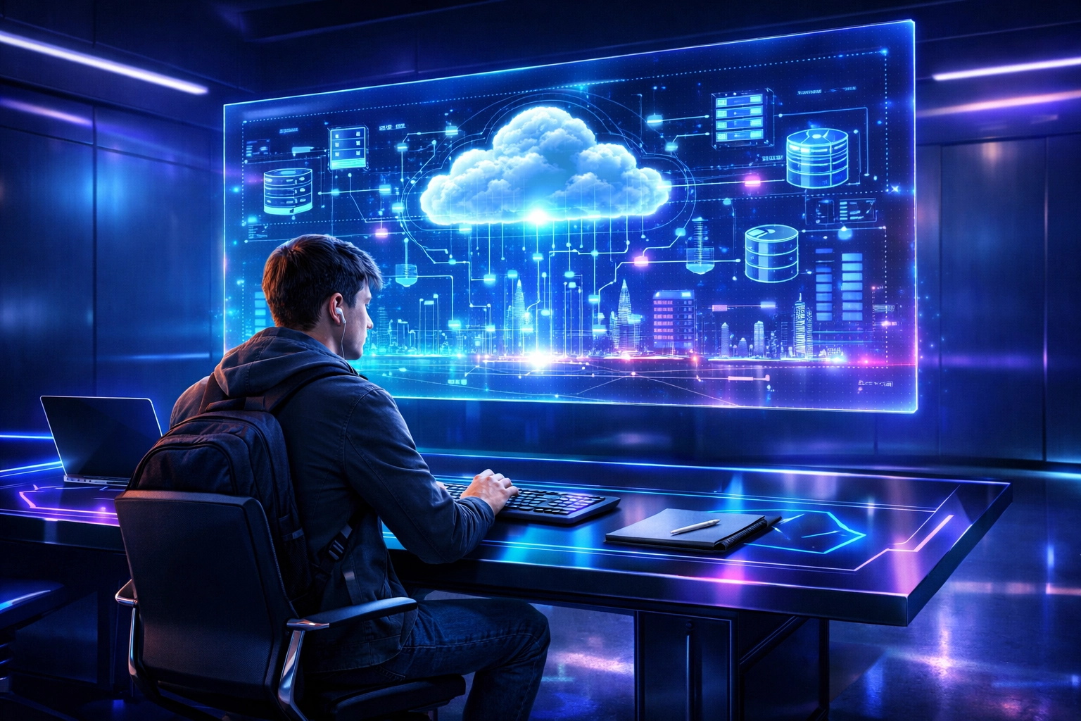 Student at an EsportsPod workstation learning cloud infrastructure for high school workforce development.