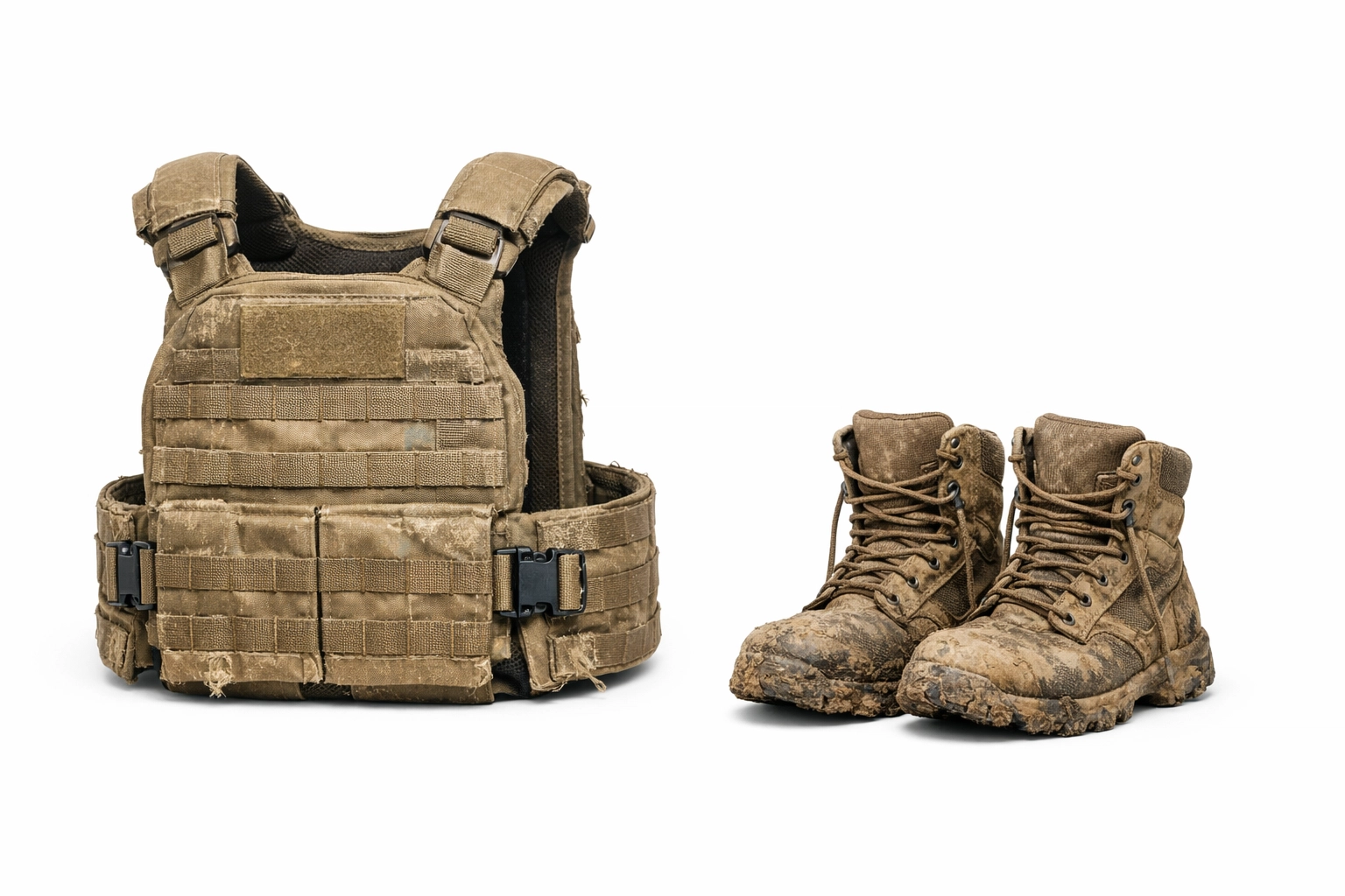 Battle-worn tactical weight vest and rugged boots for veteran military fitness training.