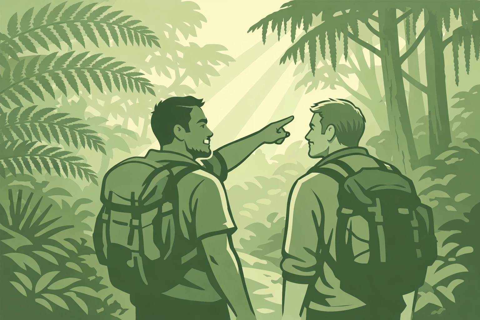 Gay couple hiking through New Zealand native bush in MM romance adventure story