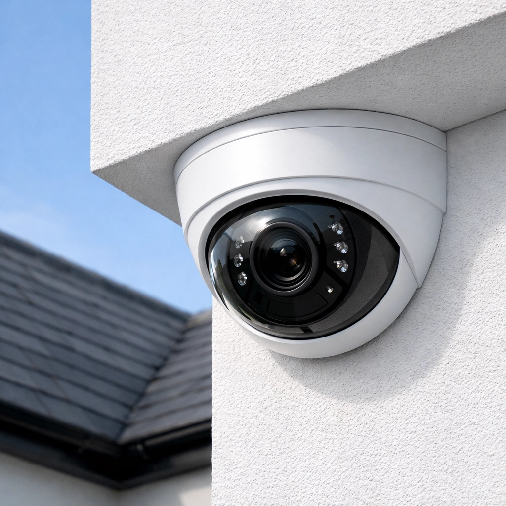 A sleek white dome security camera professionally installed on a modern Cardiff home for expert protection.