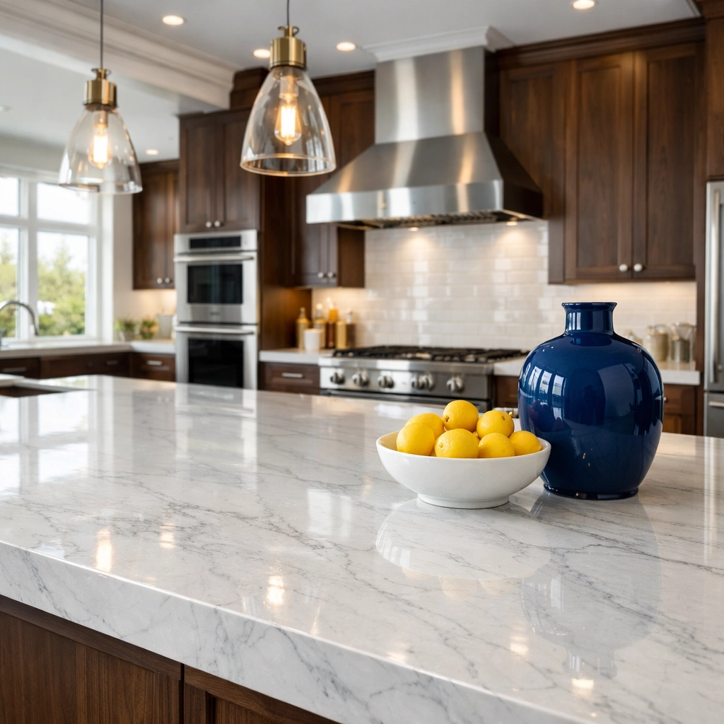 Polished white marble kitchen island in a Dover home highlighting luxury residential cleaning Massachusetts.