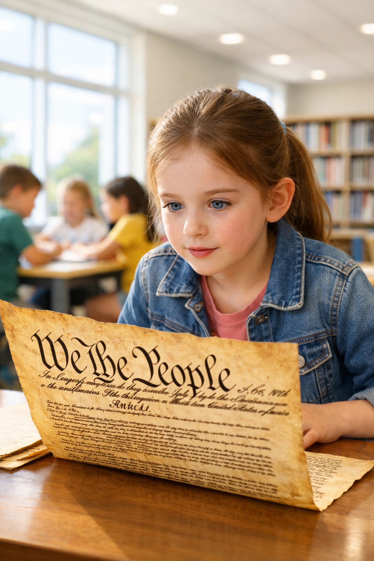 A young student studying a historical American document, highlighting the importance of civic education for kids.