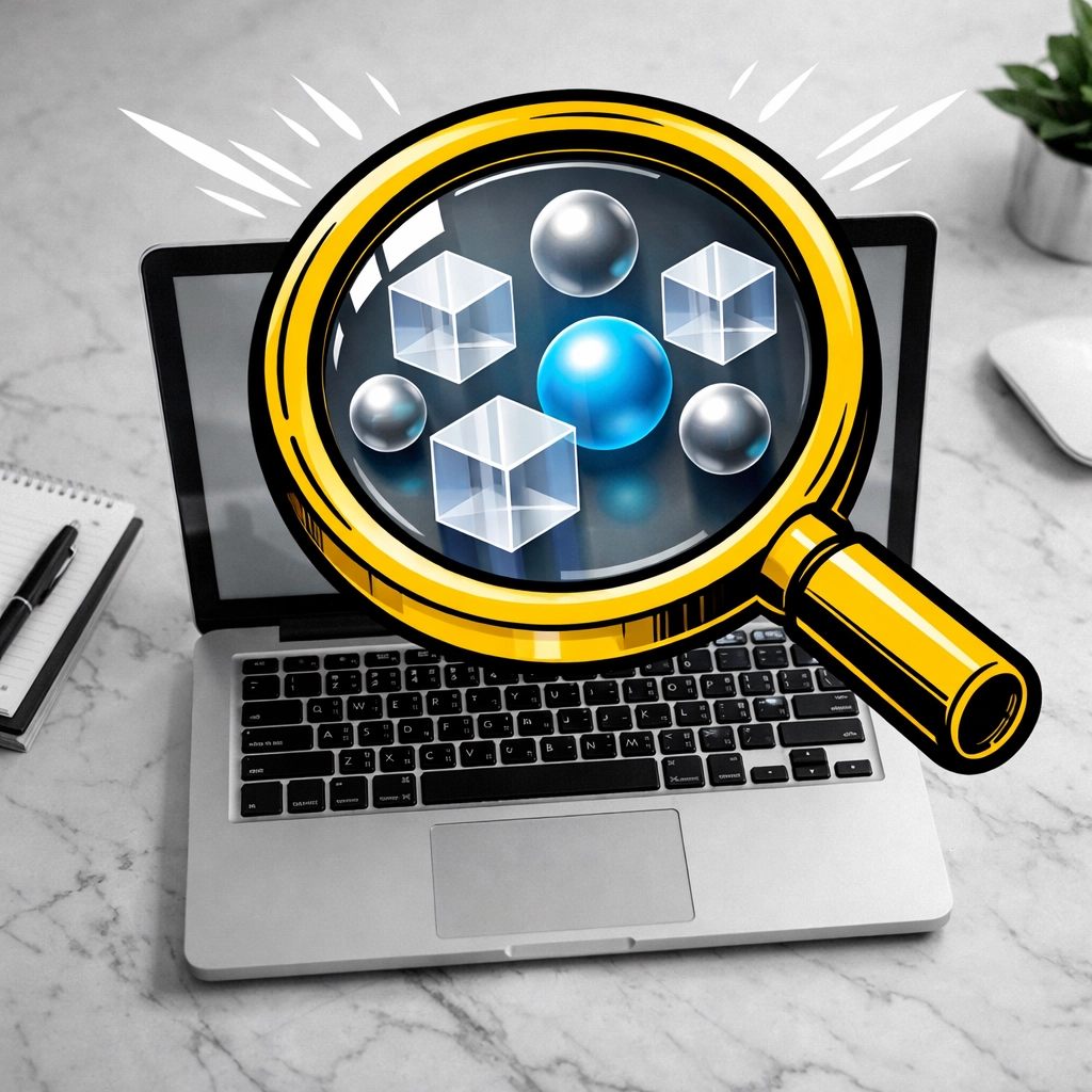 Magnifying glass over a laptop symbolizing technical depth in Amazon listing optimization.