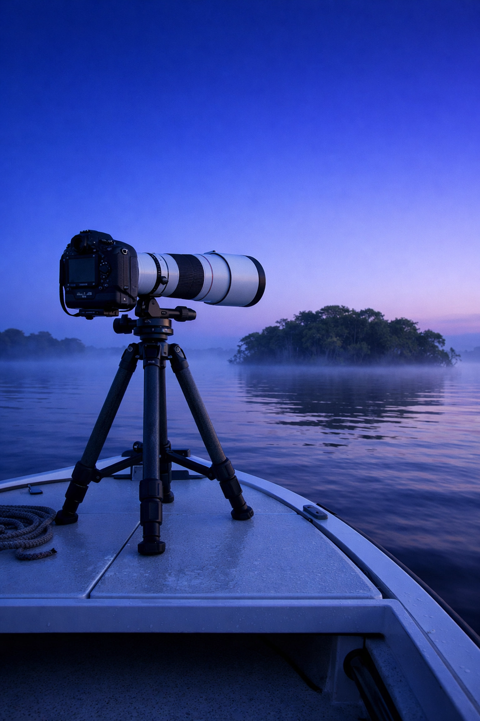 The Ultimate Guide to Everglades Photography Tours: Everything You Need to Succeed 2 A professional camera and tripod setup on a boat for an Everglades photography tour.