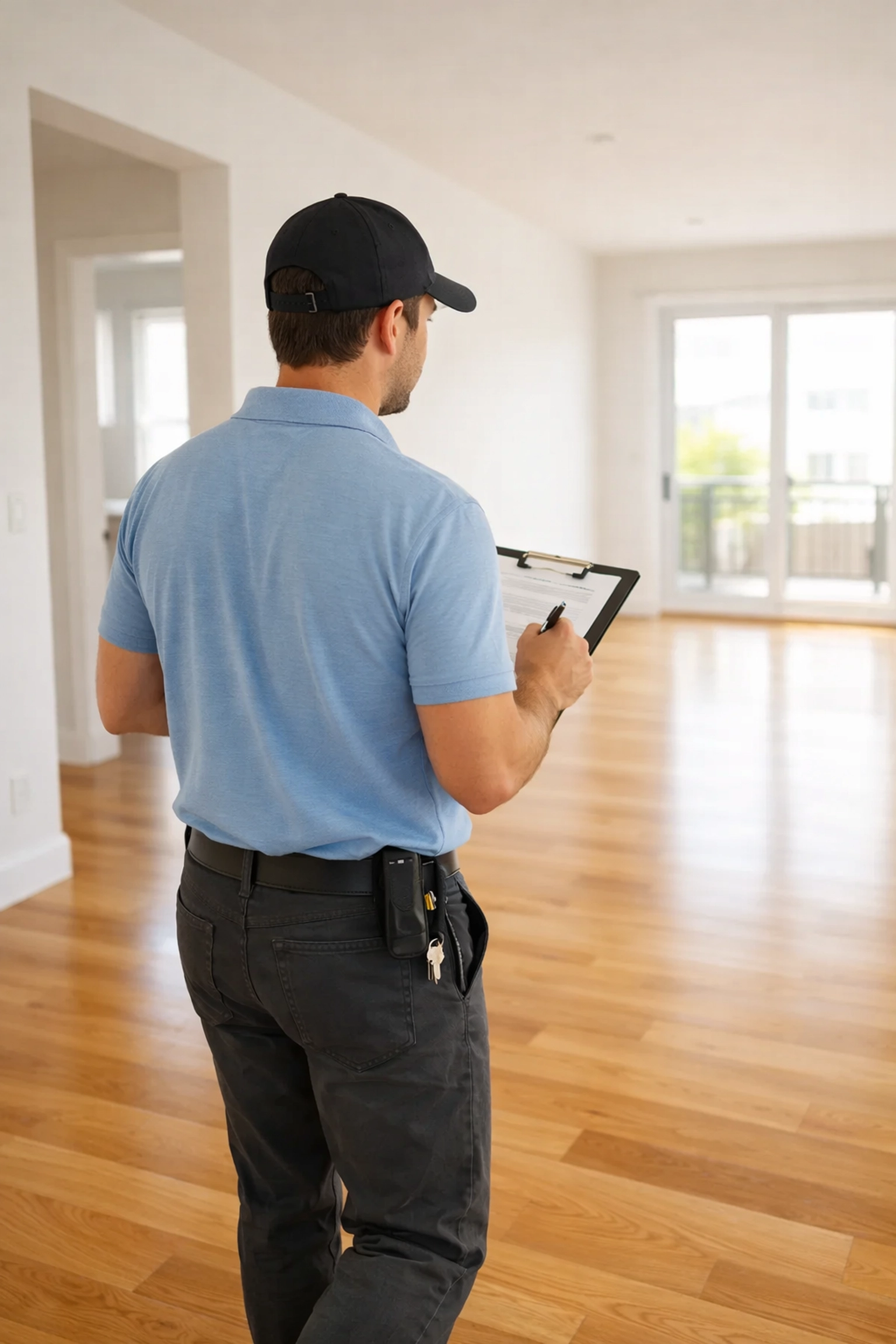 Property manager performing final walk-through inspection of rent-ready apartment unit