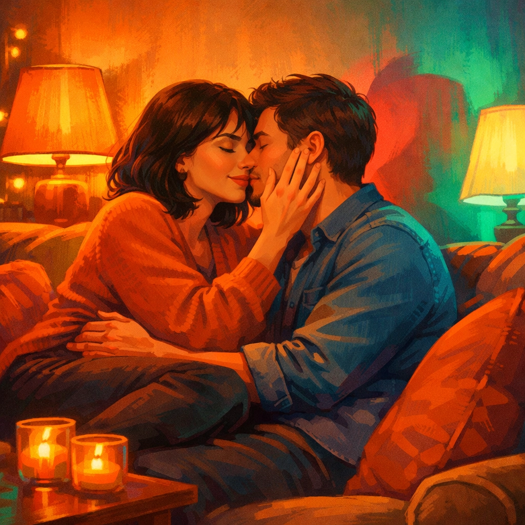 Couple embracing affectionately on couch demonstrating non-sexual physical intimacy