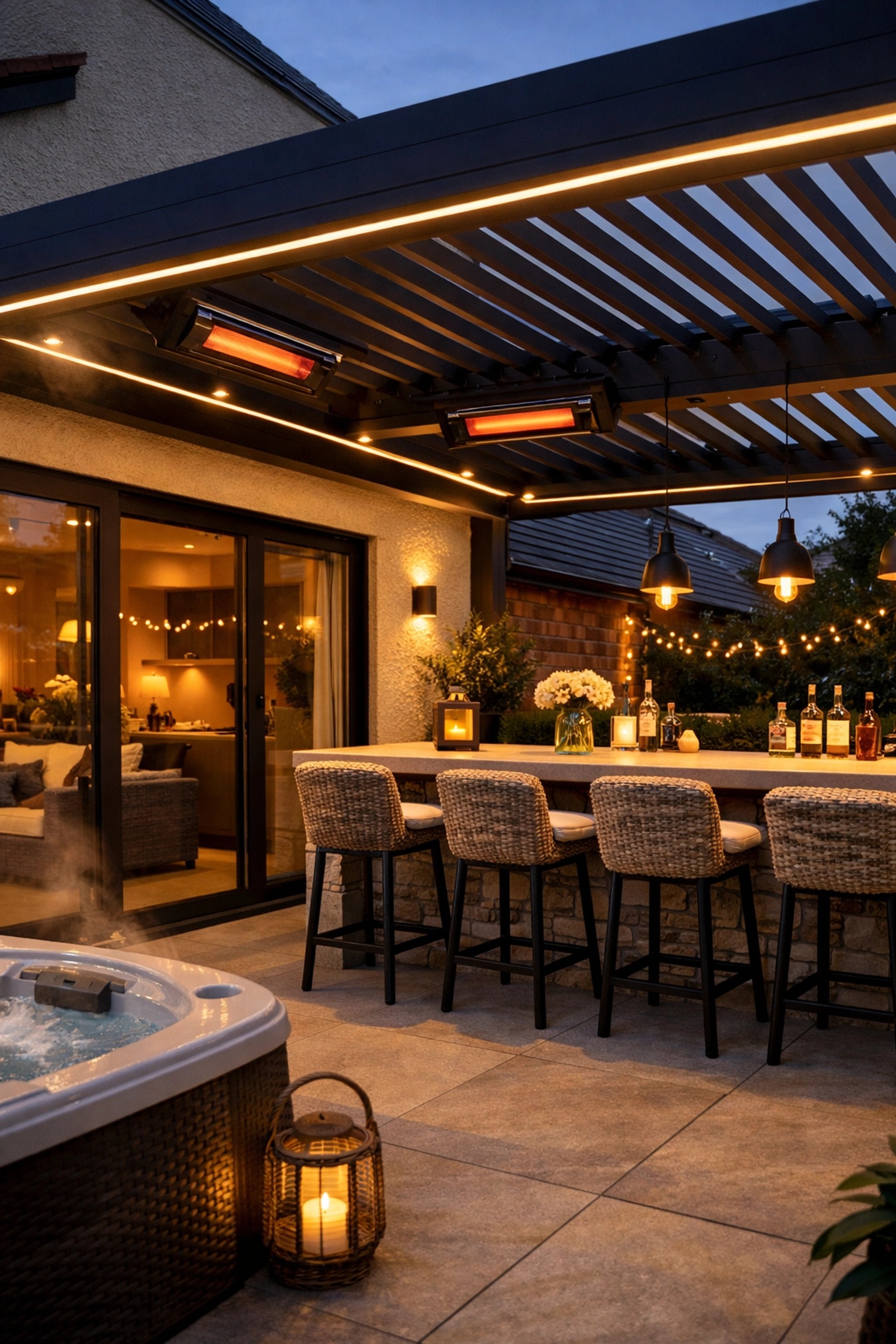 Covered outdoor entertaining space with heated pergola, bar area and hot tub at dusk
