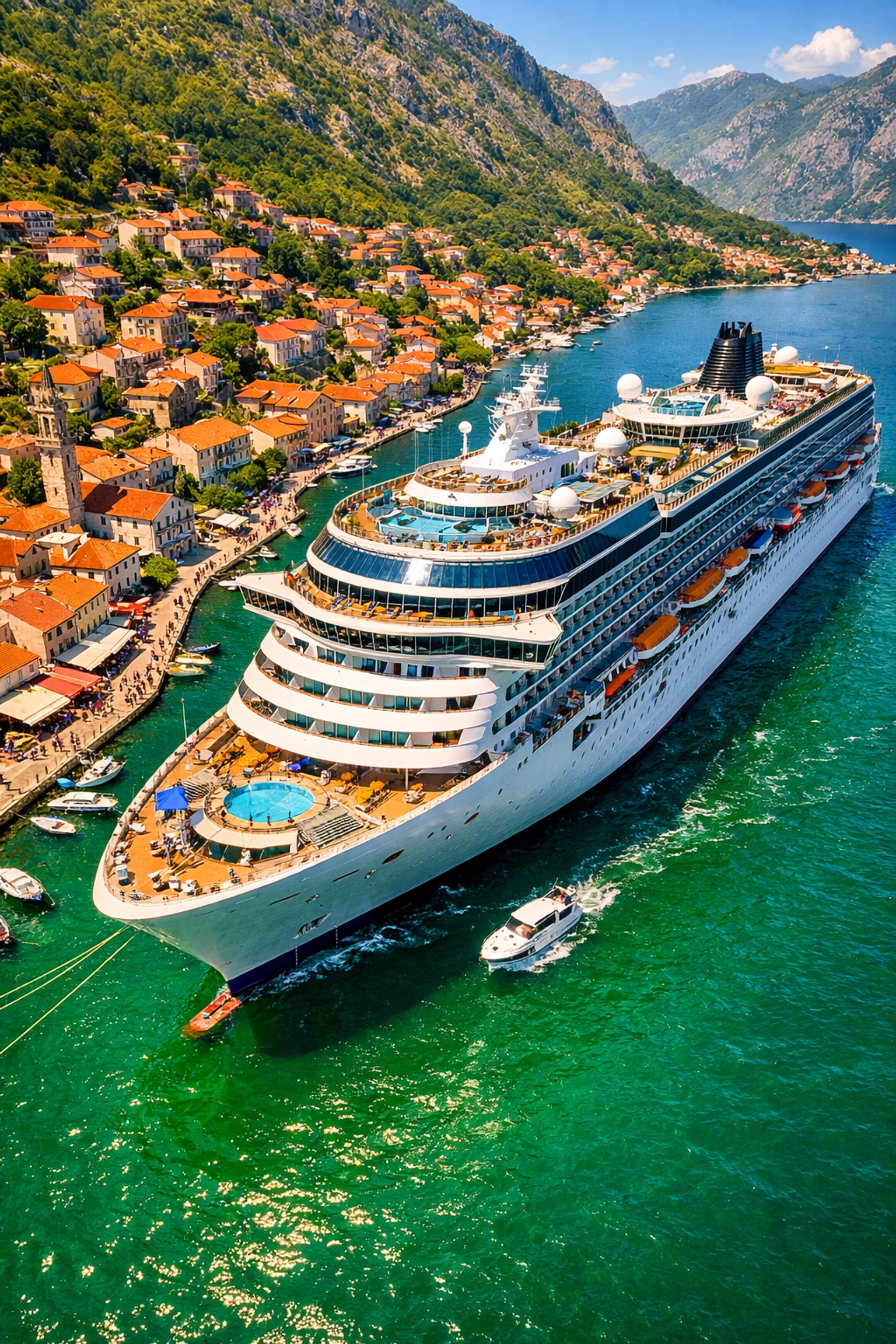 Cruise ship docked at a Mediterranean port showcasing the beauty of seamless group cruise deals.