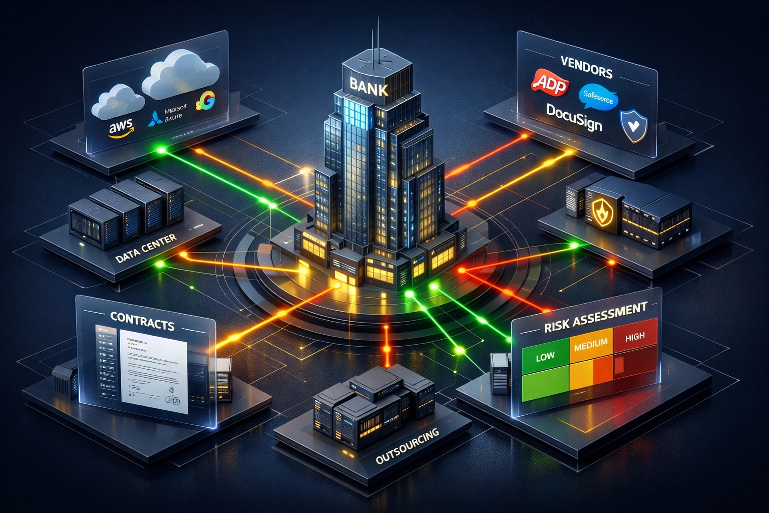 Financial services ICT ecosystem showing third-party provider connections and risk management