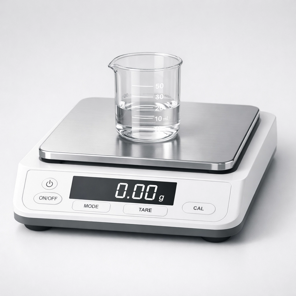 Digital laboratory scale and glass beaker representing precision dosing in peptide research.