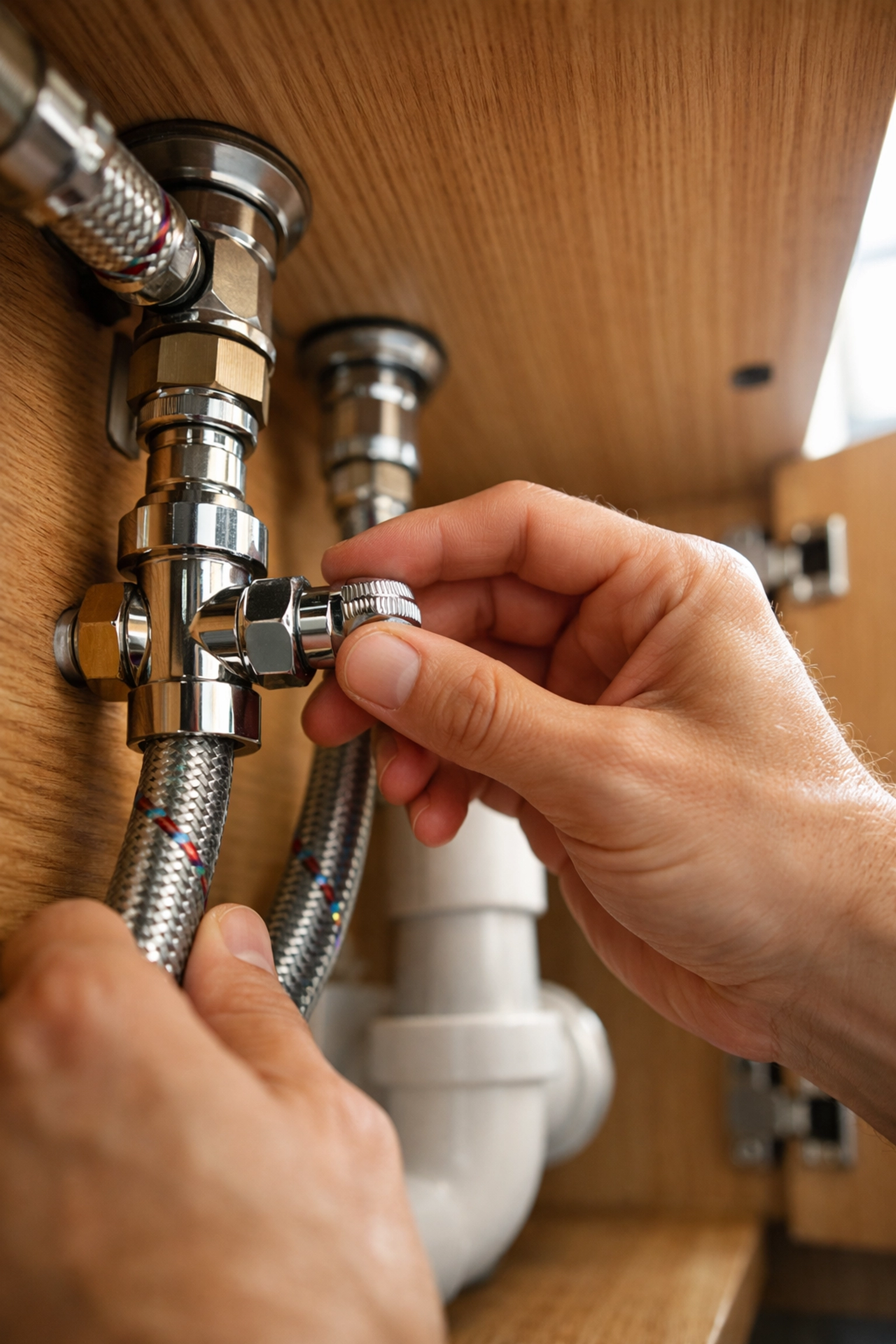 Homeowner turning off the under-sink water valve to fix a faucet that won't turn off in Venice, FL.