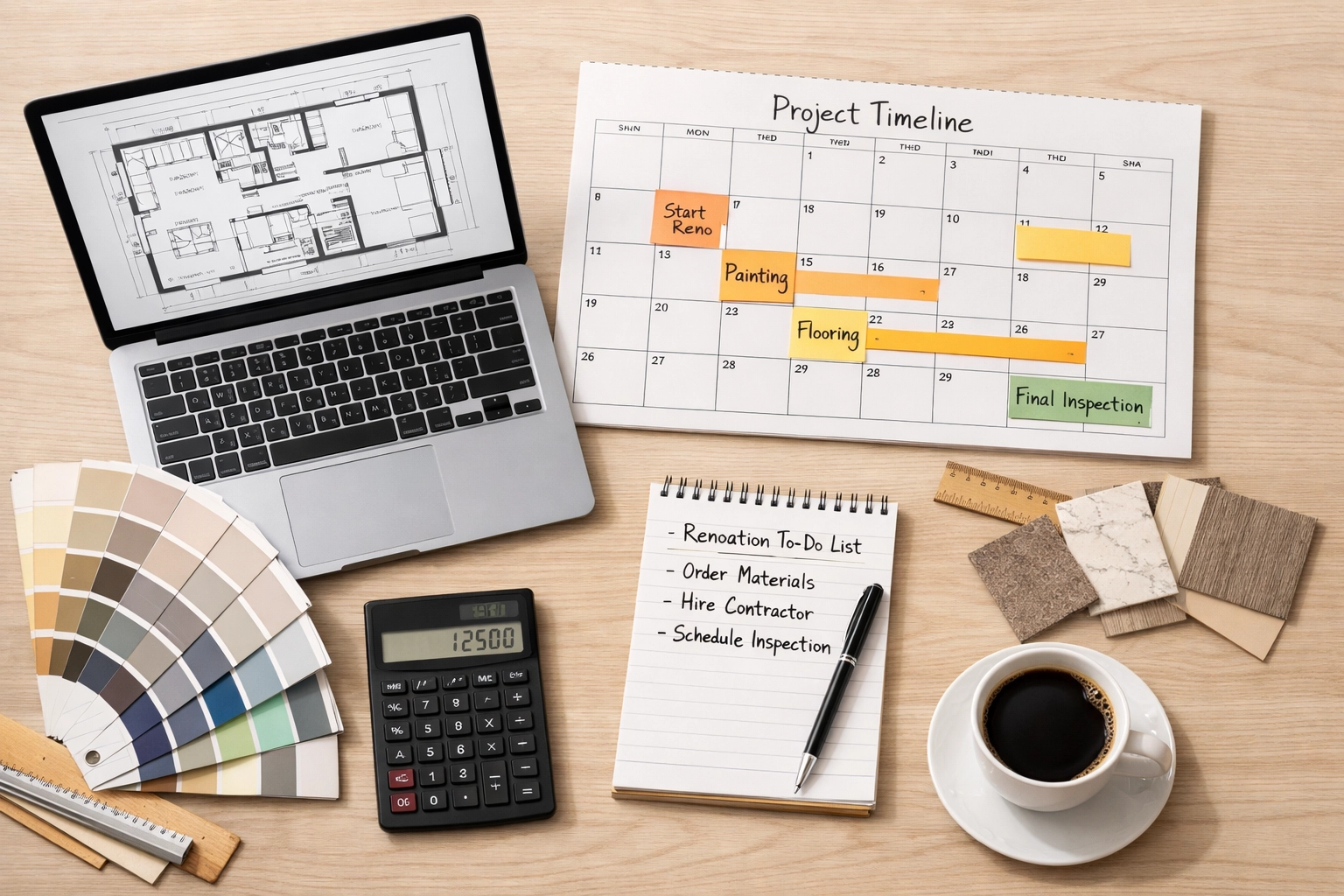 Renovation planning materials including floor plans, calendar, and color swatches on desk