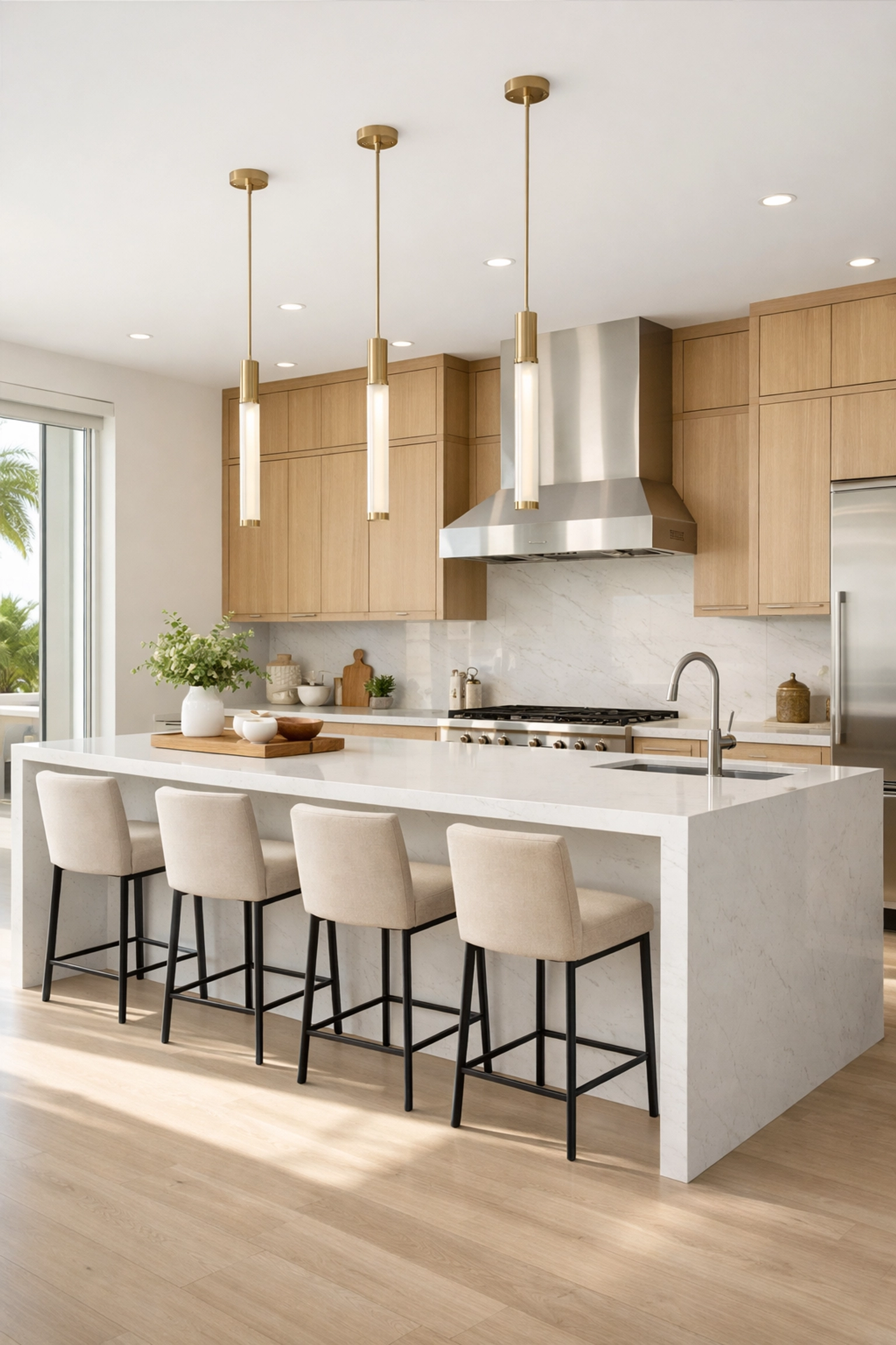 Modern kitchen remodeling in Orlando featuring a luxury quartz waterfall island and custom oak cabinetry.