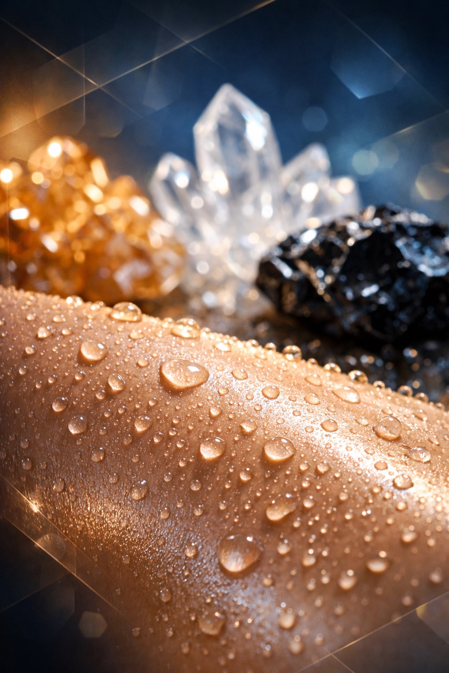 Healthy glowing skin with water droplets and mineral crystals showing natural hydration