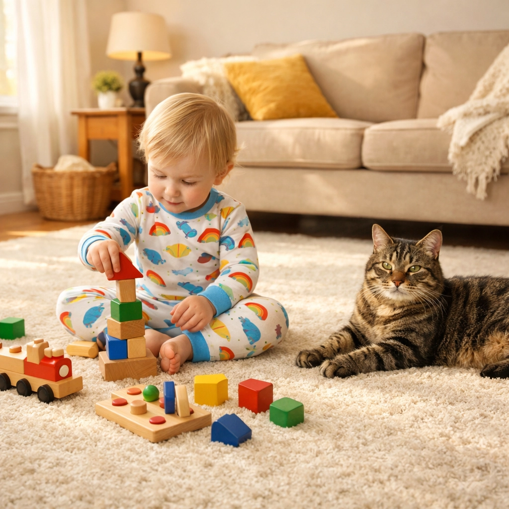 Child and pet playing on freshly cleaned, fast-drying carpet in a Tulsa home