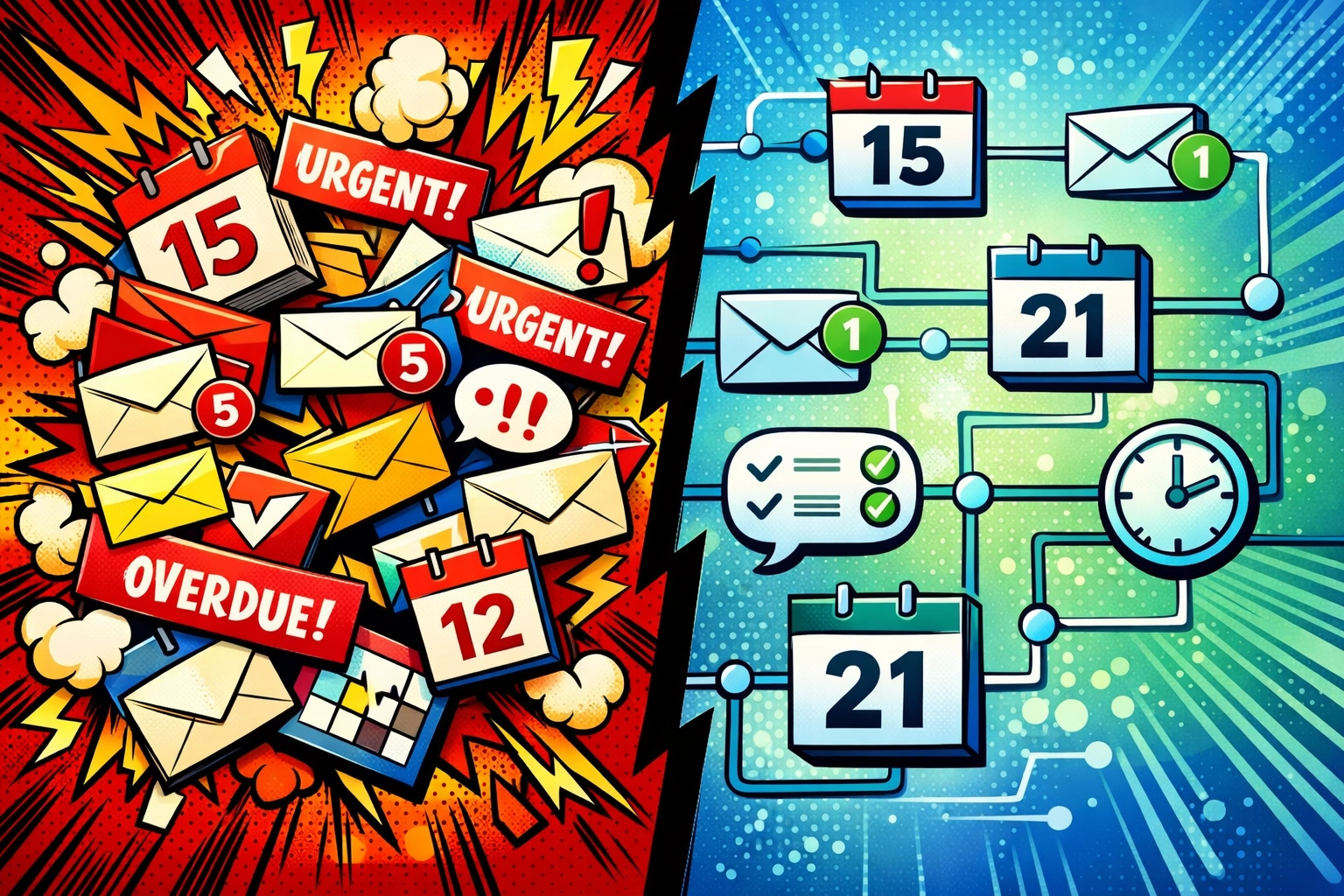 Before and after comparison of chaotic vs. automated calendar and email management system
